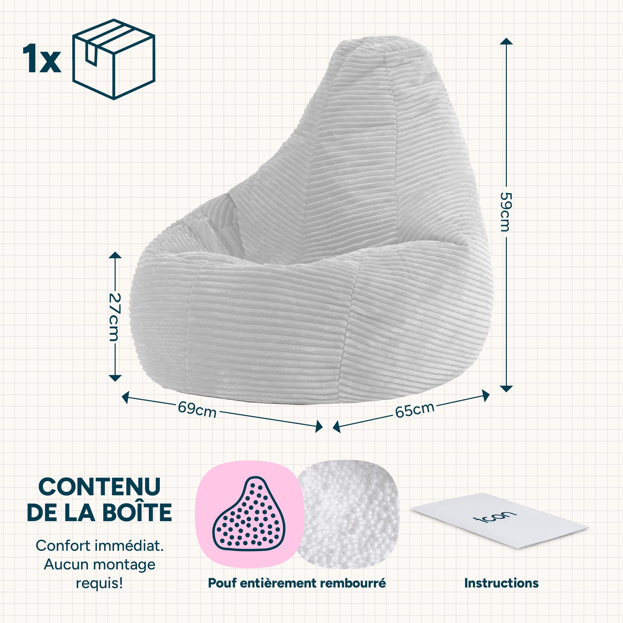 Icon Dalton Pouf Enfant, Velours Côtelé, pour Poire avec Remplissage, Chaise Enfant, Fauteuil Chambre, Meuble Chambre, Meuble Salon, Jaune