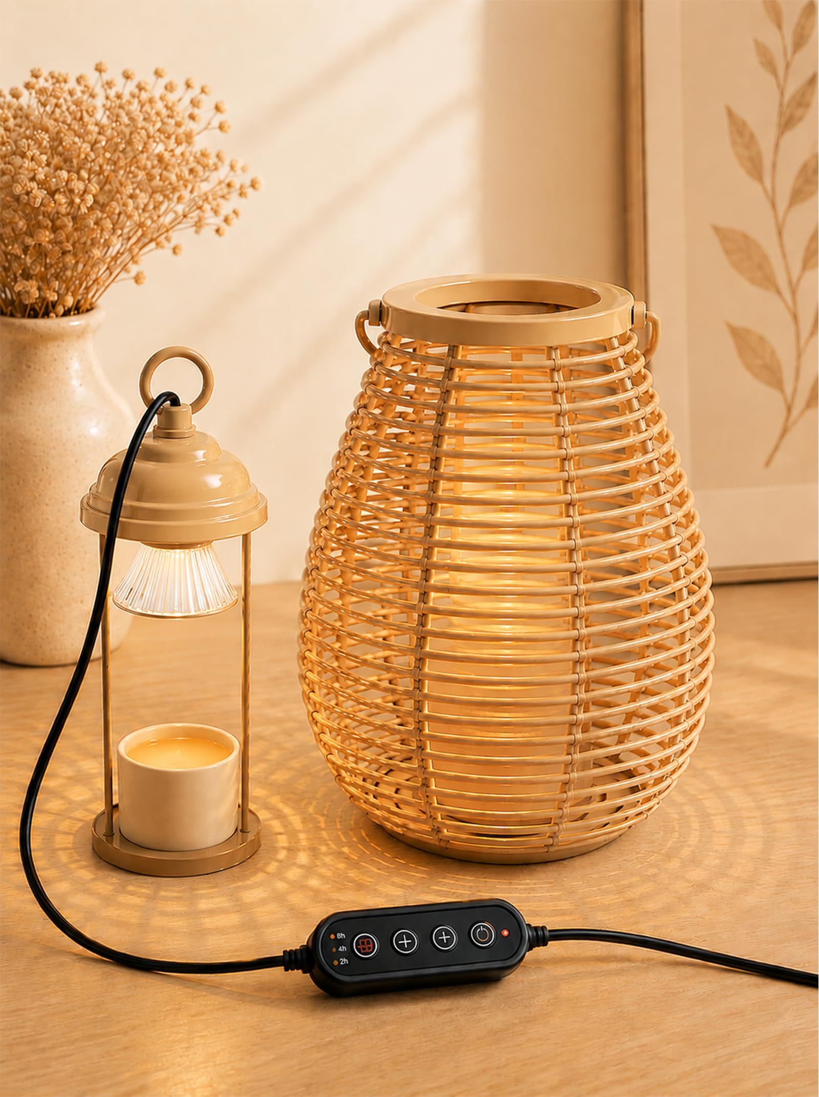 Cooo Giant Candle Warmer Lamp with Timer Rattan Lanterns Rural Style | Farmhouse Lantern for Jar Candles, Cozy Home Decor Accent for Living Room Bedroom Mantel Candle Lamp Warmer Gift for Women