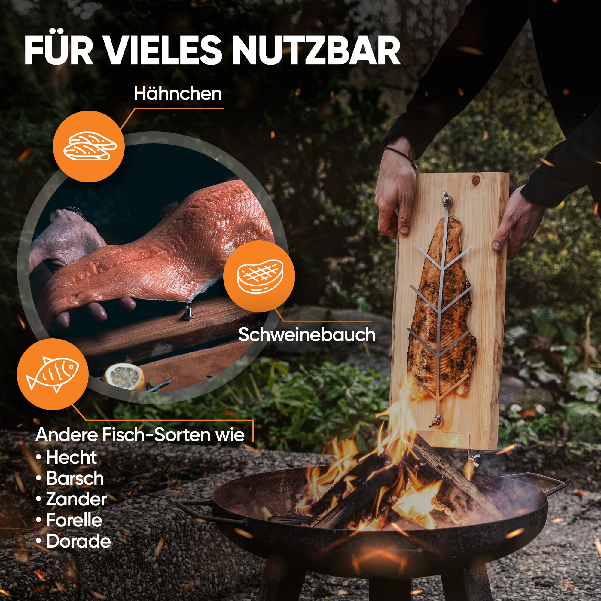 XL Flammlachbrett [mit 5 verstellbaren Einstellwinkel] aus Lärchenholz mit Maserung | ca. 200-290 x 500 x 20 mm | Lachsbrett für Feuerschalen & Kugelgrill