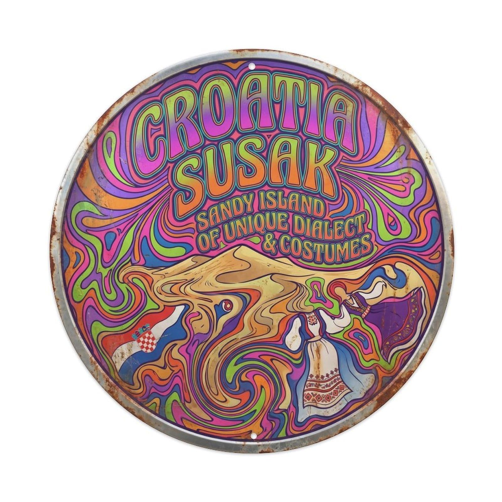 Susak Sandy Croatian Bold Psychedelic Classic Scenery Metal Tin Sign Plaque Wall Decor for Cafe, Man Cave, Club Bar, Office, Home Garden Round Metal Poster 8x8Inch