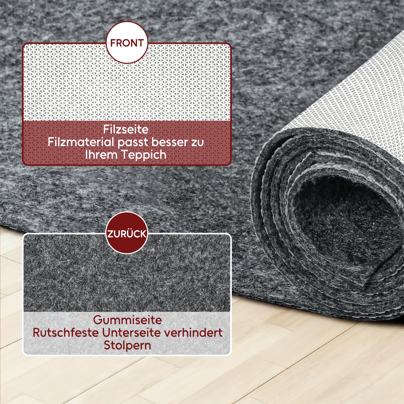 Filz-Teppichunterlage mit Rutschfester Gummiunterseite, 70 x 140 cm, Unterlage für Teppiche, Schutzpolster für Hartholzböden, hält Teppiche an Ort und Stelle, weich und siche