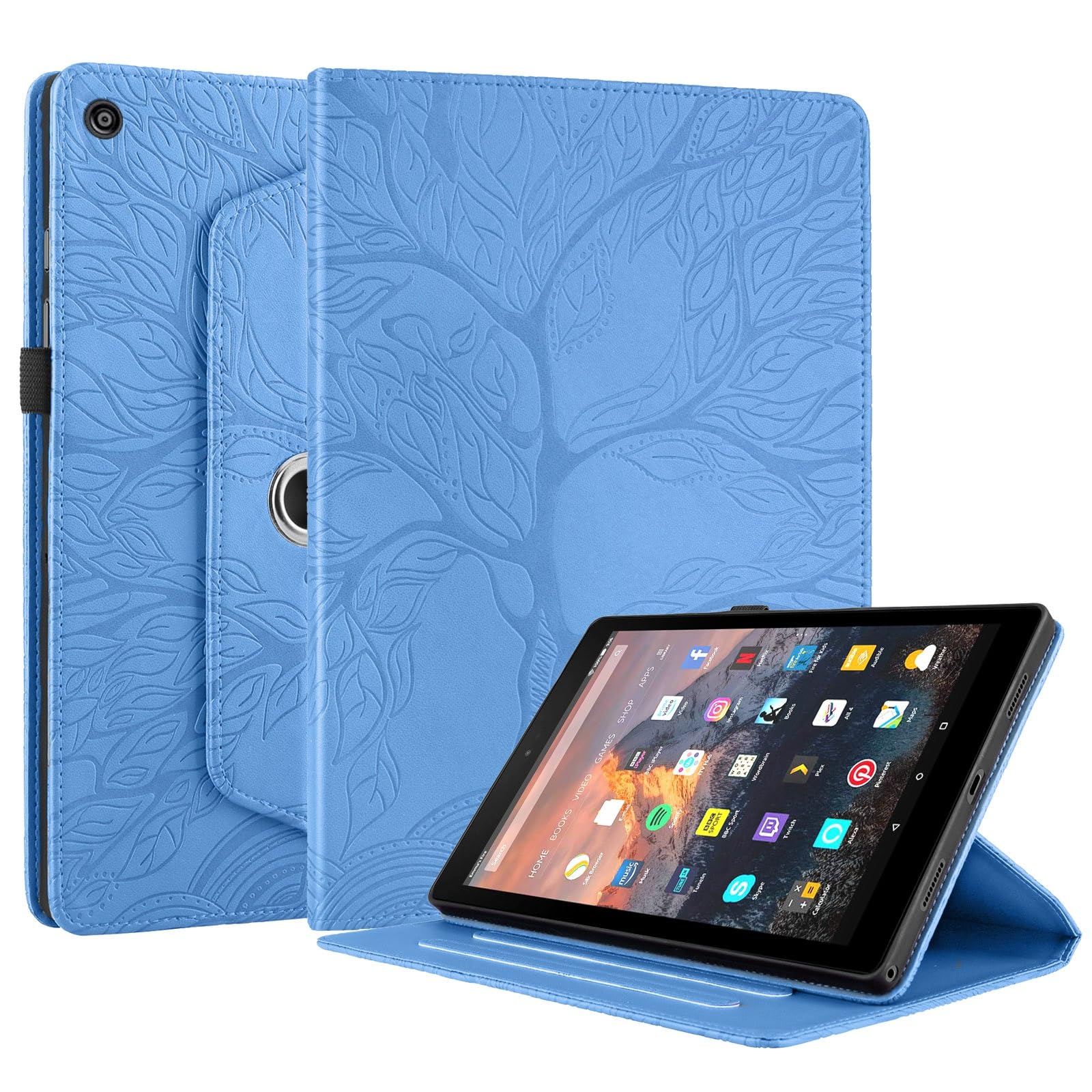 Kompatybilny z etui Kindle Fire HD 8 (7./8. generacji, wydanie 2016/2017/2018) na tablet obracany o 360 stopni stojak składany pokrowiec drzewo życia tłoczona powłoka(Blu)