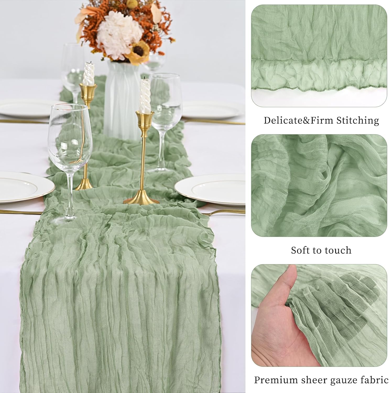 20 Pack Sage Green Table Runner 10Ft Cheesecloth Table Runner Boho Gauze Table Runner Long Cheese Cloth Table Runner Romantic Sheer Fabric Table Runners for Wedding Party Bridal Shower