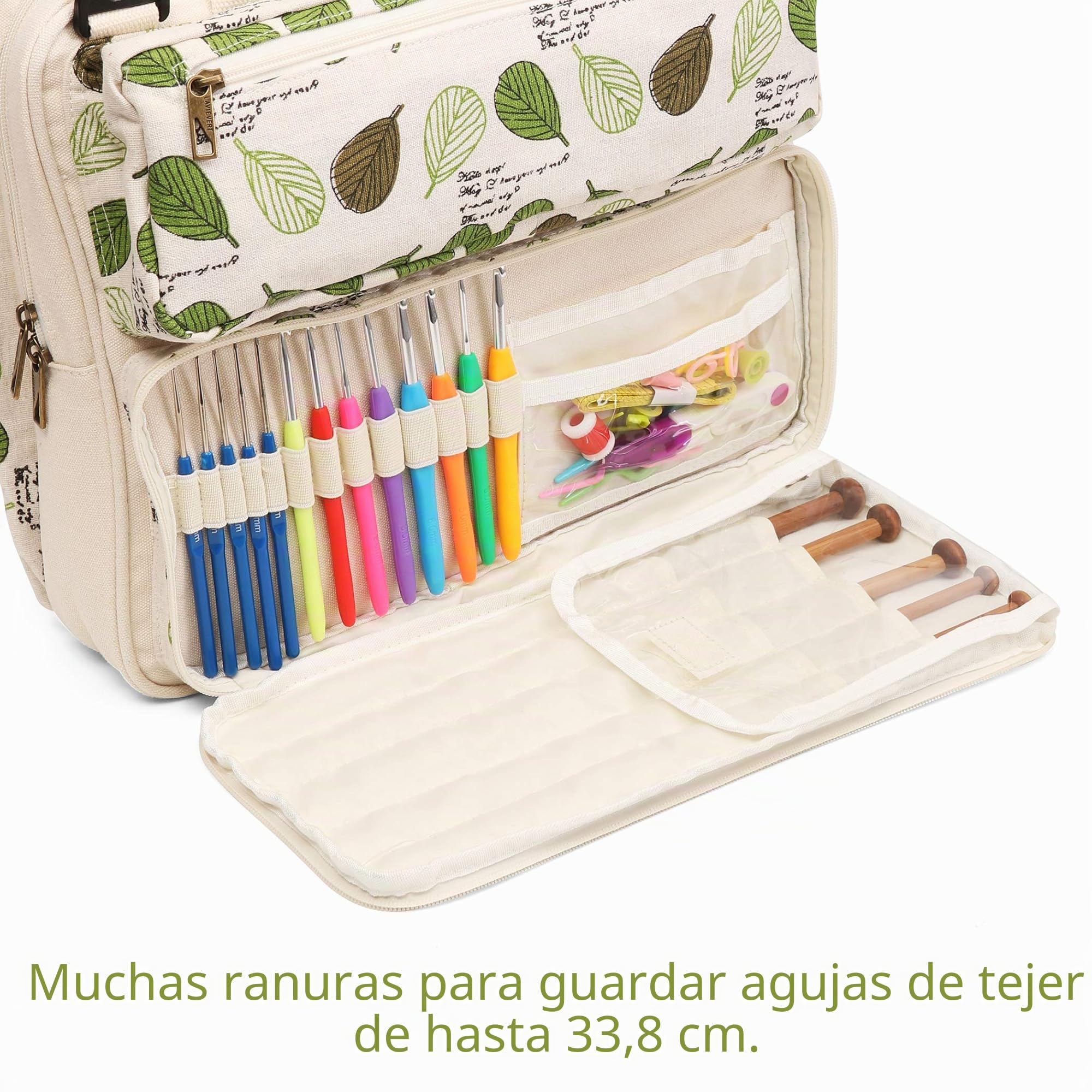 LAVIEVERT Bolsa de almacenamiento de hilo para proyectos de transporte, agujas de tejer, ganchos de ganchillo y otros accesorios, beige, Large