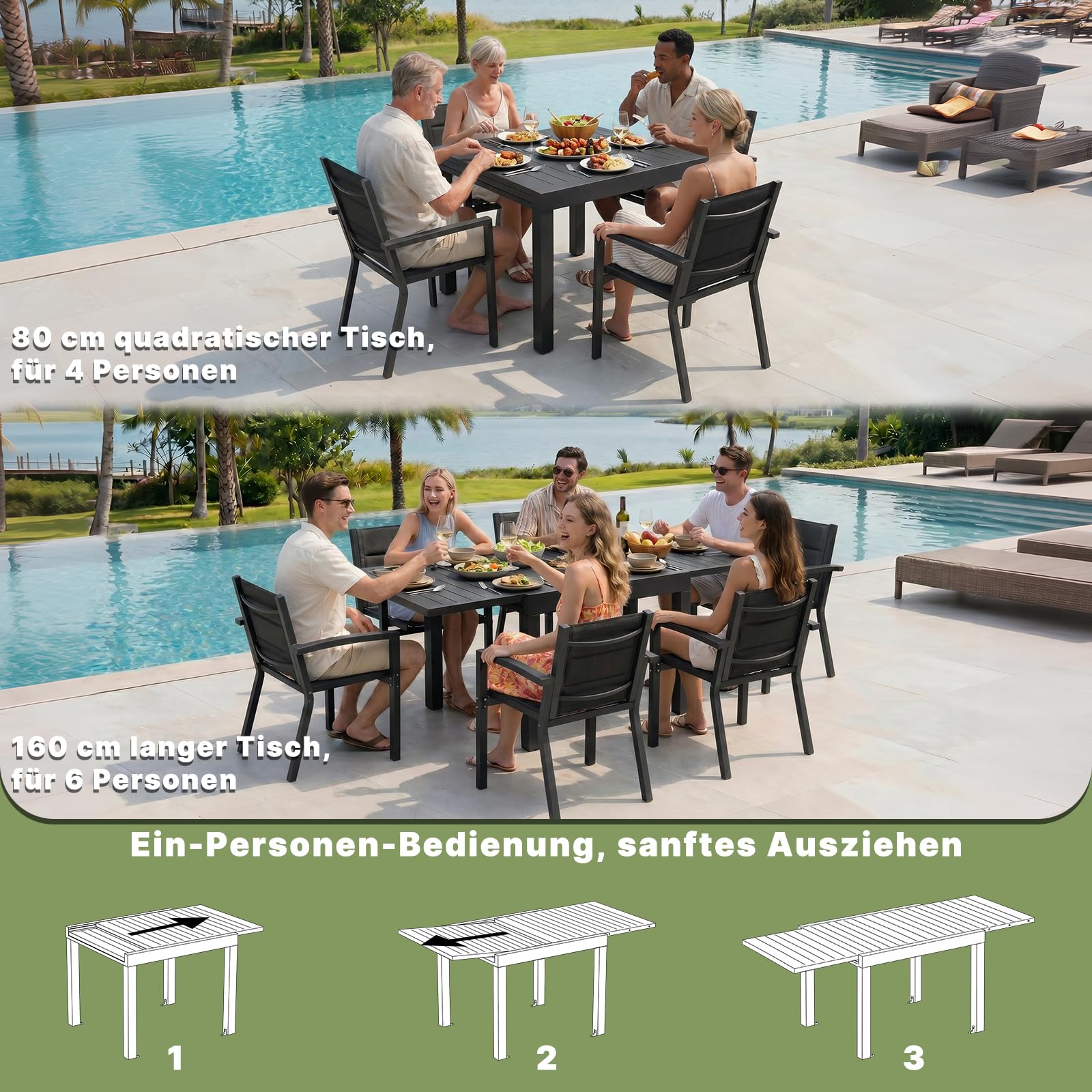 TRIUMPHKEY Gartentisch Ausziehbar, Gartentisch Wetterfest mit Aluminium, 80/160 x 75cm Esstisch Ausziehbar für 4-6 Personen, Geeignet als Gartentisch Partytisch Balkontisch, Dunkelgrau