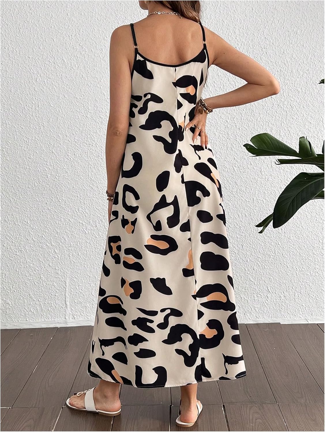 OYOANGLE Women's Maternity Dress Leopard Print V Neck Spaghetti Strap Flowy Maxi Lounge Dress