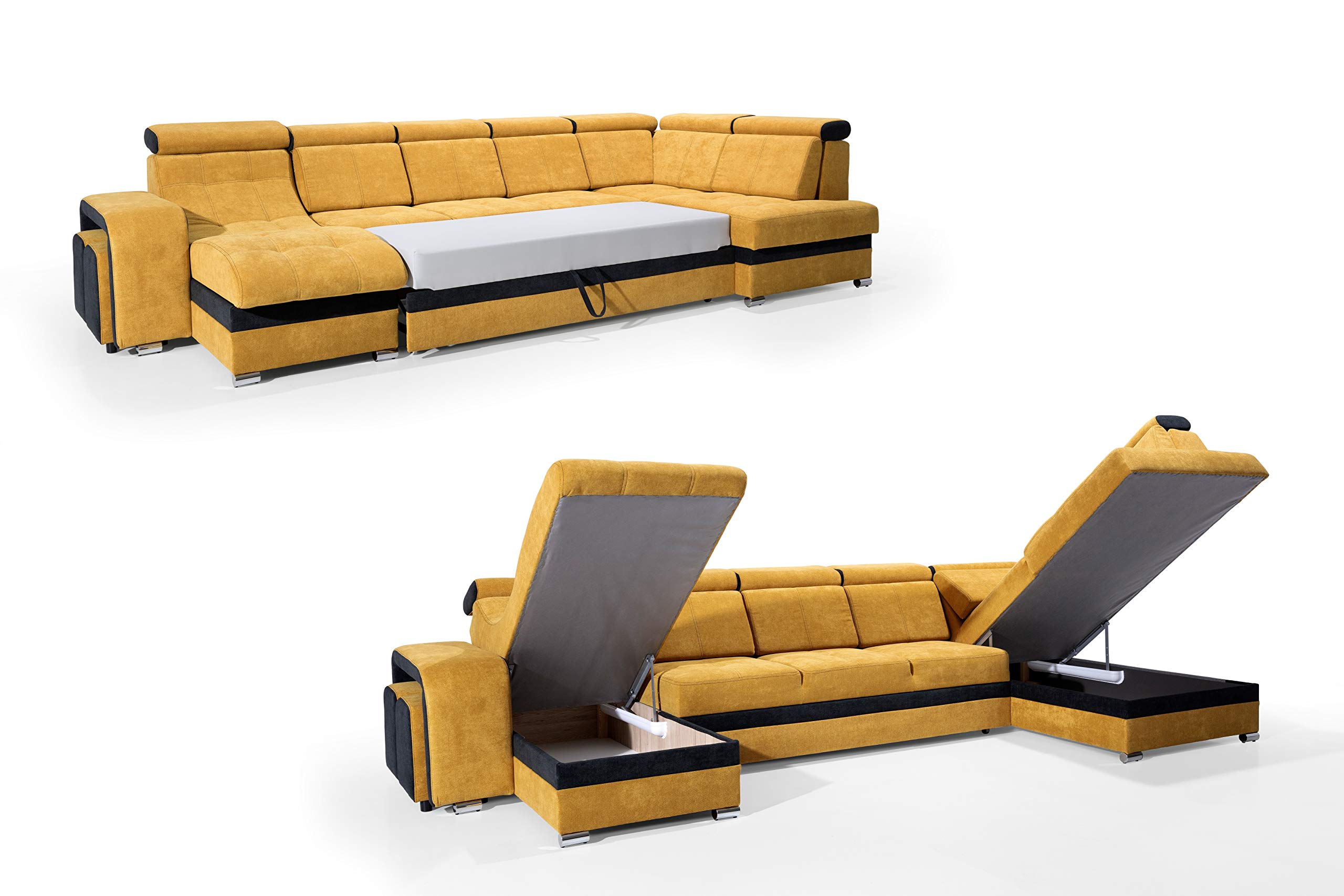 Robin Milan sofa narożna z funkcją spania, ze skrzynią na pościel i dwoma taboretami, wolnostojąca sofa narożna w kształcie litery U, sofa tapicerowana (szary/czarny)