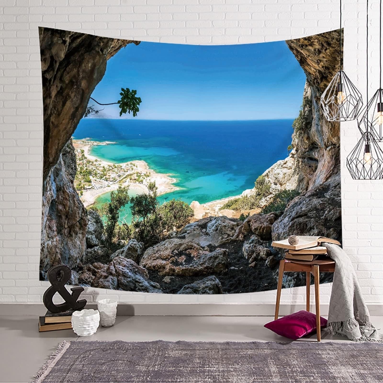 Tapiz decorativo para comedor, diseño de cueva, paisaje costero, gris, azul, verde, microfibra, 200 x 200 cm (ancho x alto)