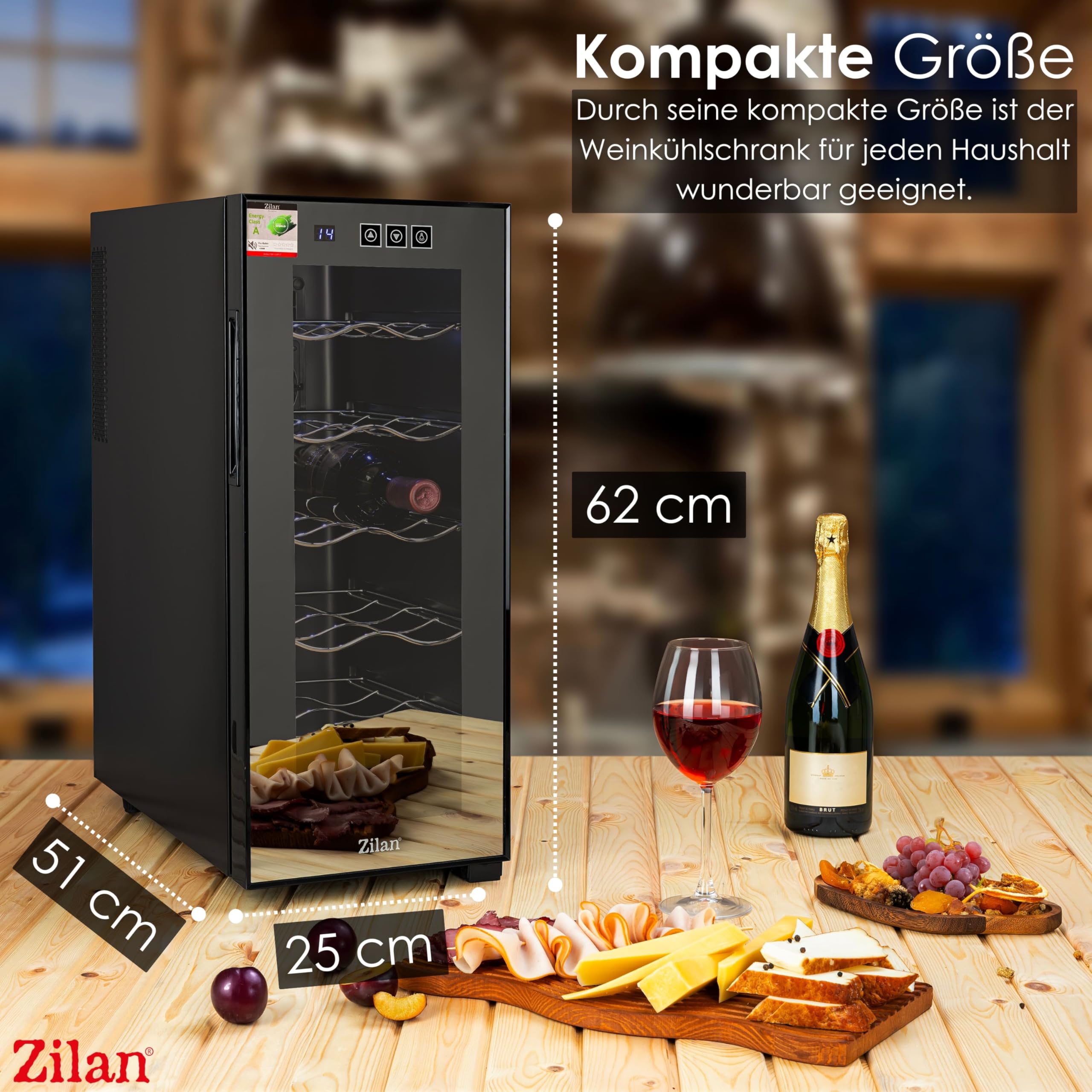 Zilan Refrigerador para vino, independiente, silencioso, 12 botellas, 33 litros, luces LED, enfriador de vino, armario pequeño con clima de vino, mini nevera, minibar con puerta de cristal