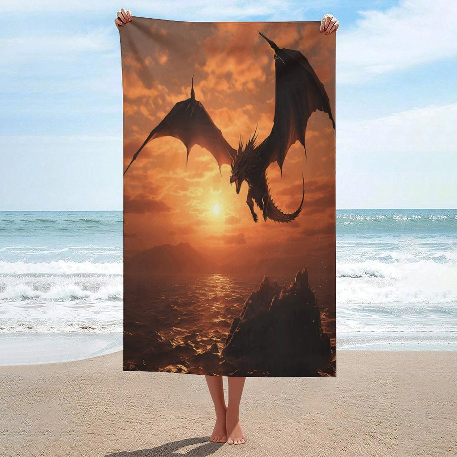 Adfgyerh Unisex Style Sea Sunset Flying Dragon Bath Towels Beach Towel Lightweight Quick Dry, Bath Towel For Travel Sports Pool Swimming Bath Camping Yoga Adults130x80cm