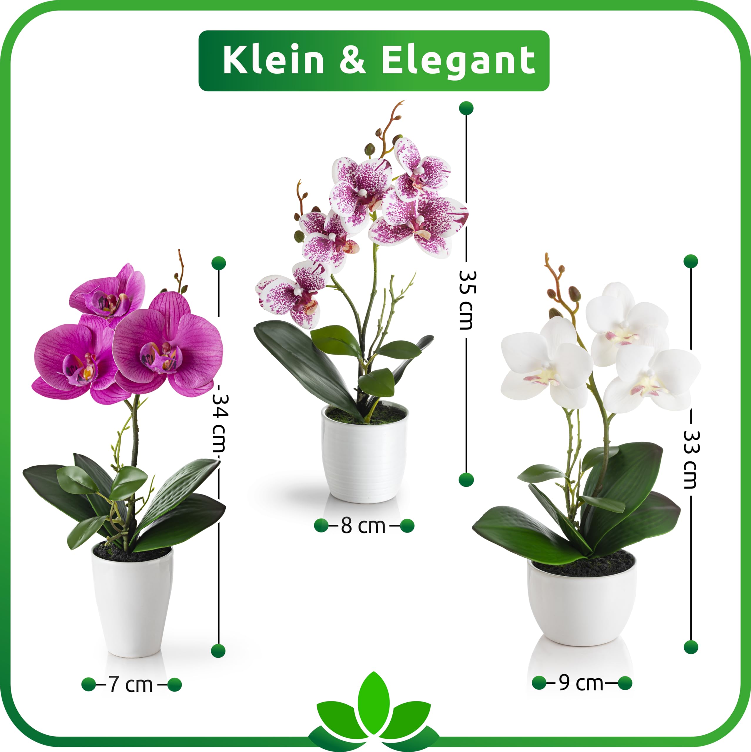 PASCH® Kunstblumen im Topf (35cm) - 3er Set Orchideen künstlich abgestimmtes Arrangement in Hochglanz-Keramiktöpfen, Deko Blumen künstlich, künstliche Orchideen (Weiß-Rosé)