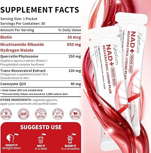 Miniatura 2 de Suplemento NAD+ líquido de 1000 mg de 30 paquetes  850 mg de ribósido de nicotinamida con resveratrol, quercetina, CoQ10, biotina  Energía celular,