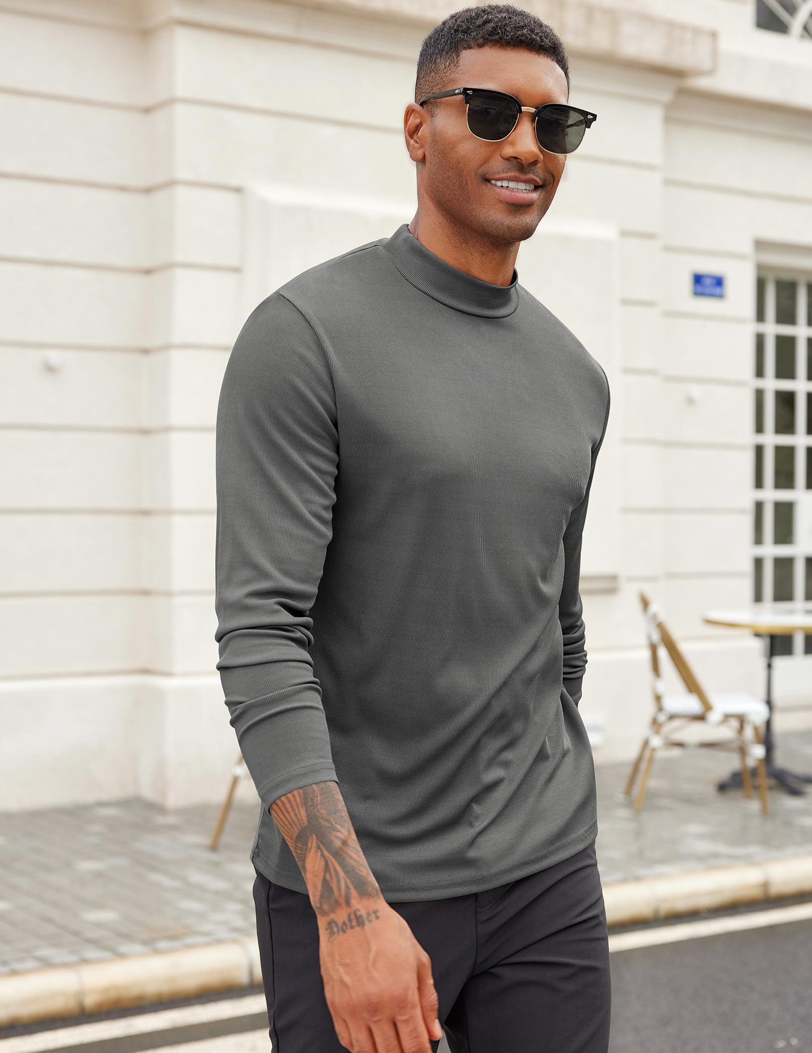 COOFANDY Camicia da uomo a collo alto a maniche lunghe slim fit basic t-shirt leggera a costine maglione pullover