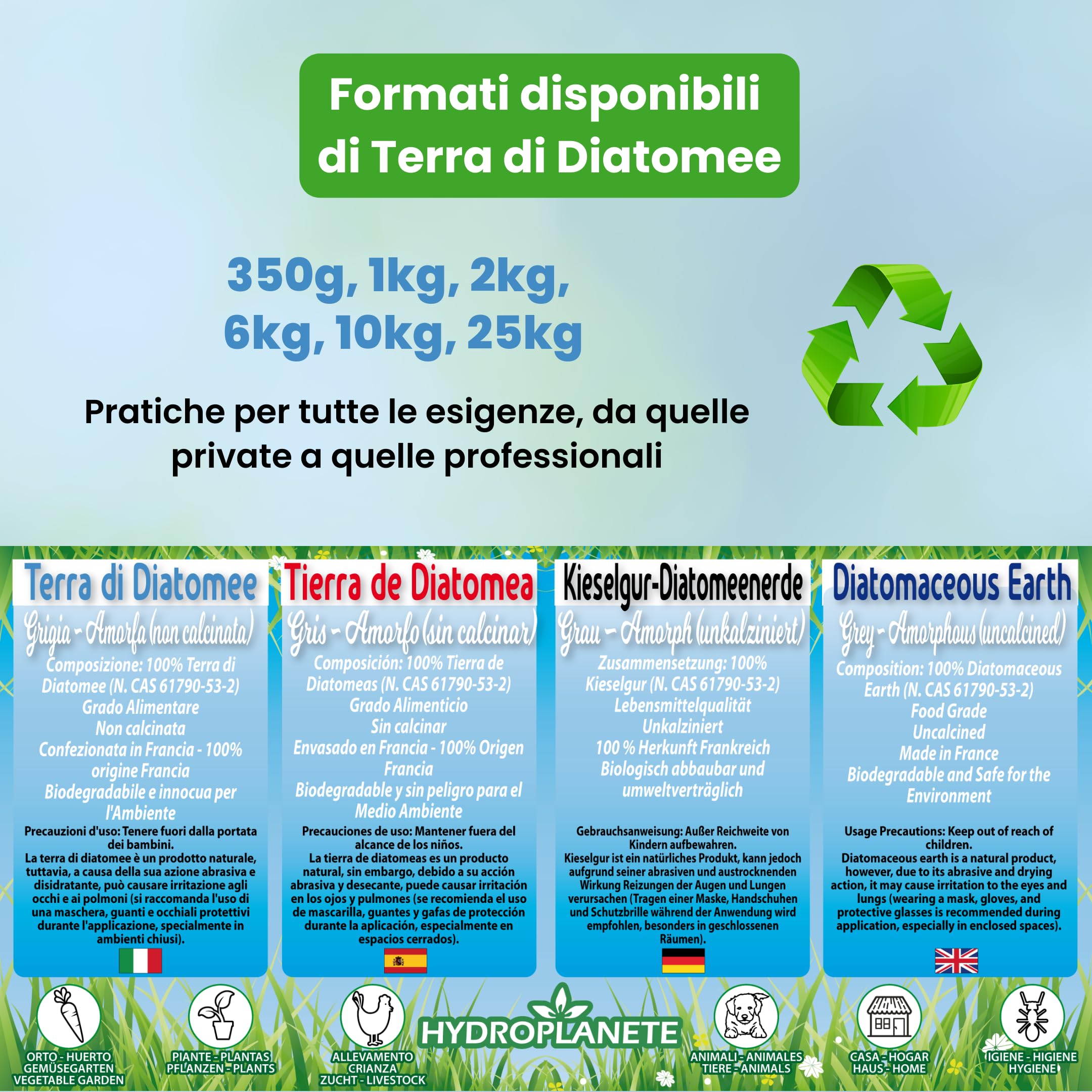 Terra di diatomee grigia multiuso | Polvere alimentare e igiene animale | Senza additivi e 100% naturale | Prodotto in Francia | Disponibile da 350 g a 25 kg | Hydroplanete (3 kg)