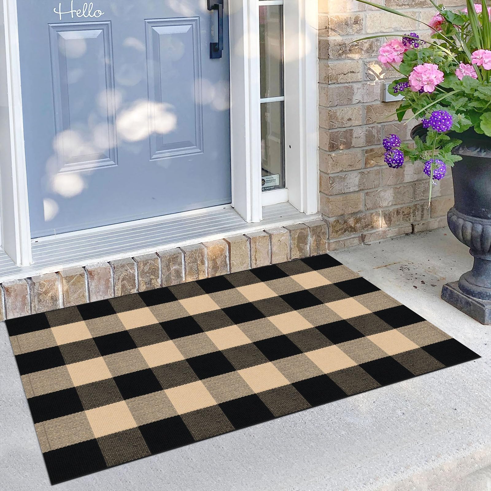 KILOCOCO Buffalo Plaid Checkered Rug - Door Mat Brown and Black Indoor Cotton Washable Front Door Rugs Layered Doormats for Front Porch Farmhouse