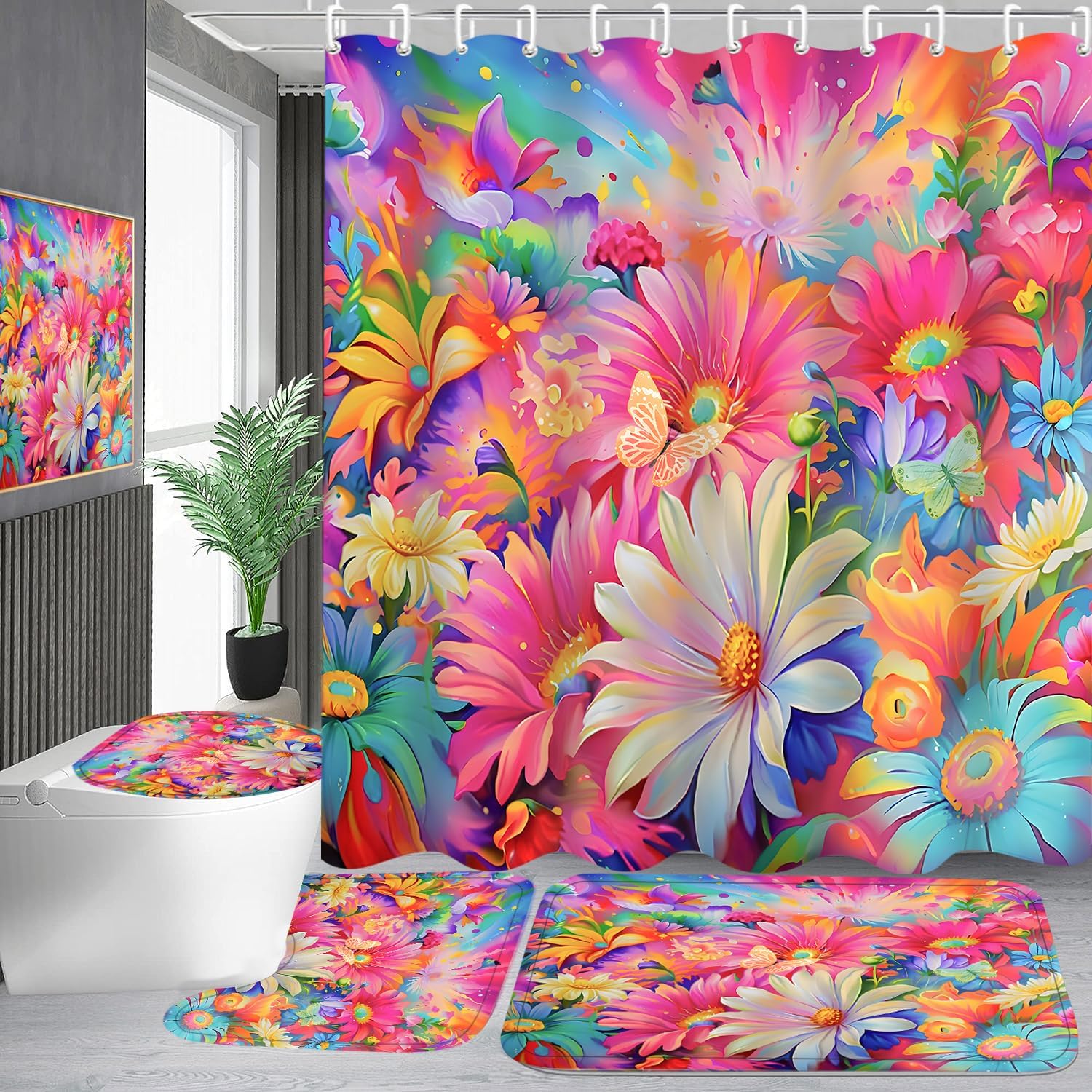 4-Piece Sunflower Shower Curtain Pink Blue Flower Bathroom Set with Shower Curtain and Rugs, Pastel Daisy Bath Set with Hooks for Home Decor
