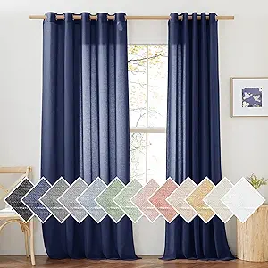 NICETOWN Linen Textured Sheer Curtains 84 inch Long for Living Room, Privacy Chic Sheer Curtains Window Treatment Translucent Drapes for Farmhouse/Cottage, W70 x L84, Dark Blue, 1 Pair