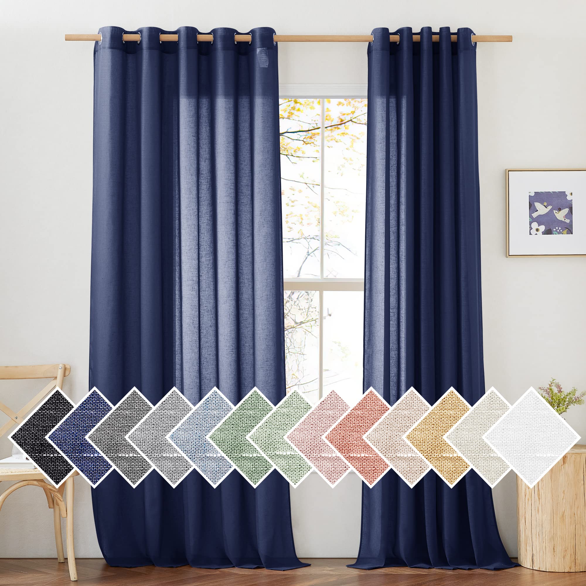 Popxstar Blue Striped Cotton Linen Texture Short Curtains Translucent Short Curtains With Hairball Tassels for Kitchen, Café, Restaurant