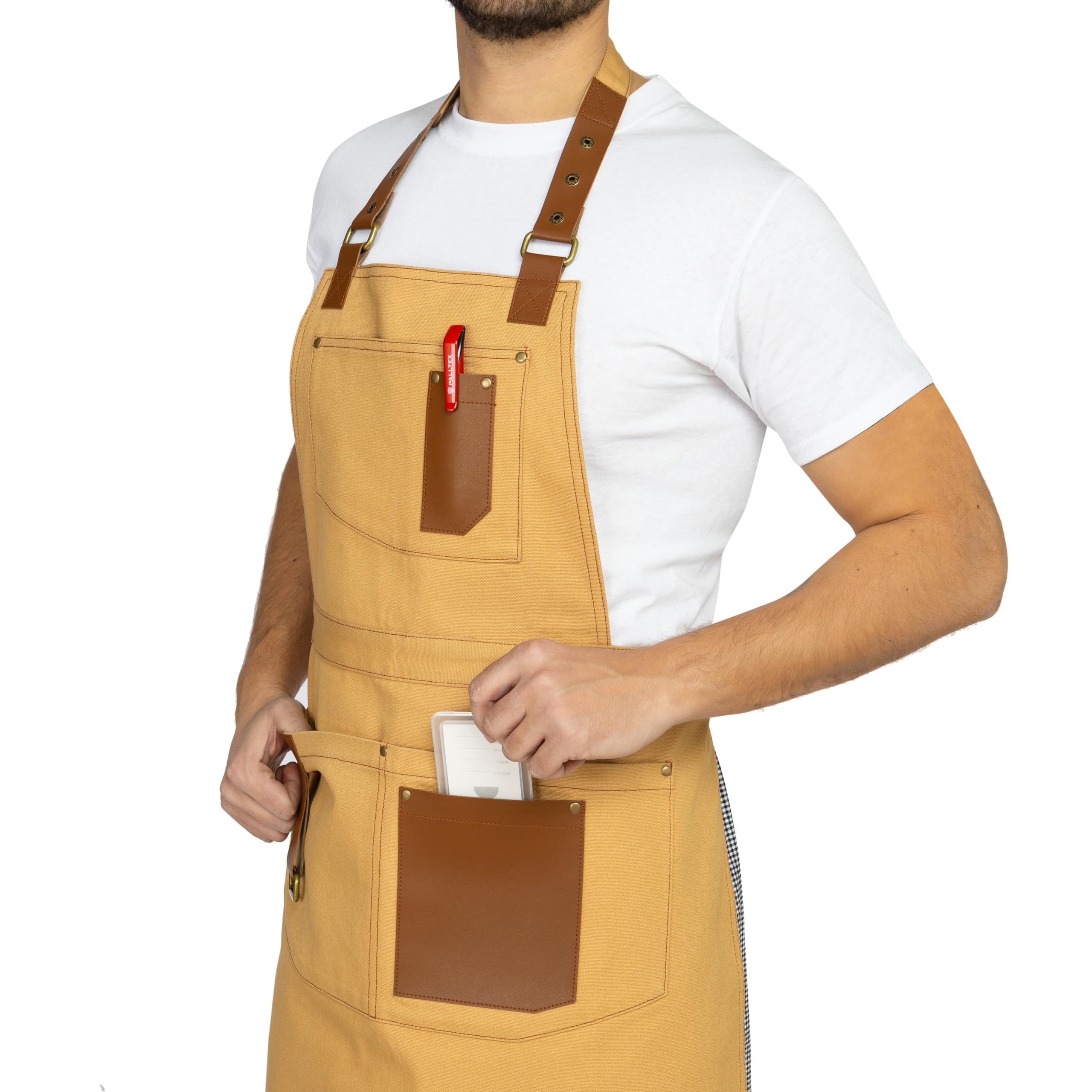 PALLTEX GERARD Tablier Barista et Chef Unisexe – Réglable avec Poches et Finitions en Cuir Végan – Parfait pour Cuisine Pro, Café, Gril et Restaurant
