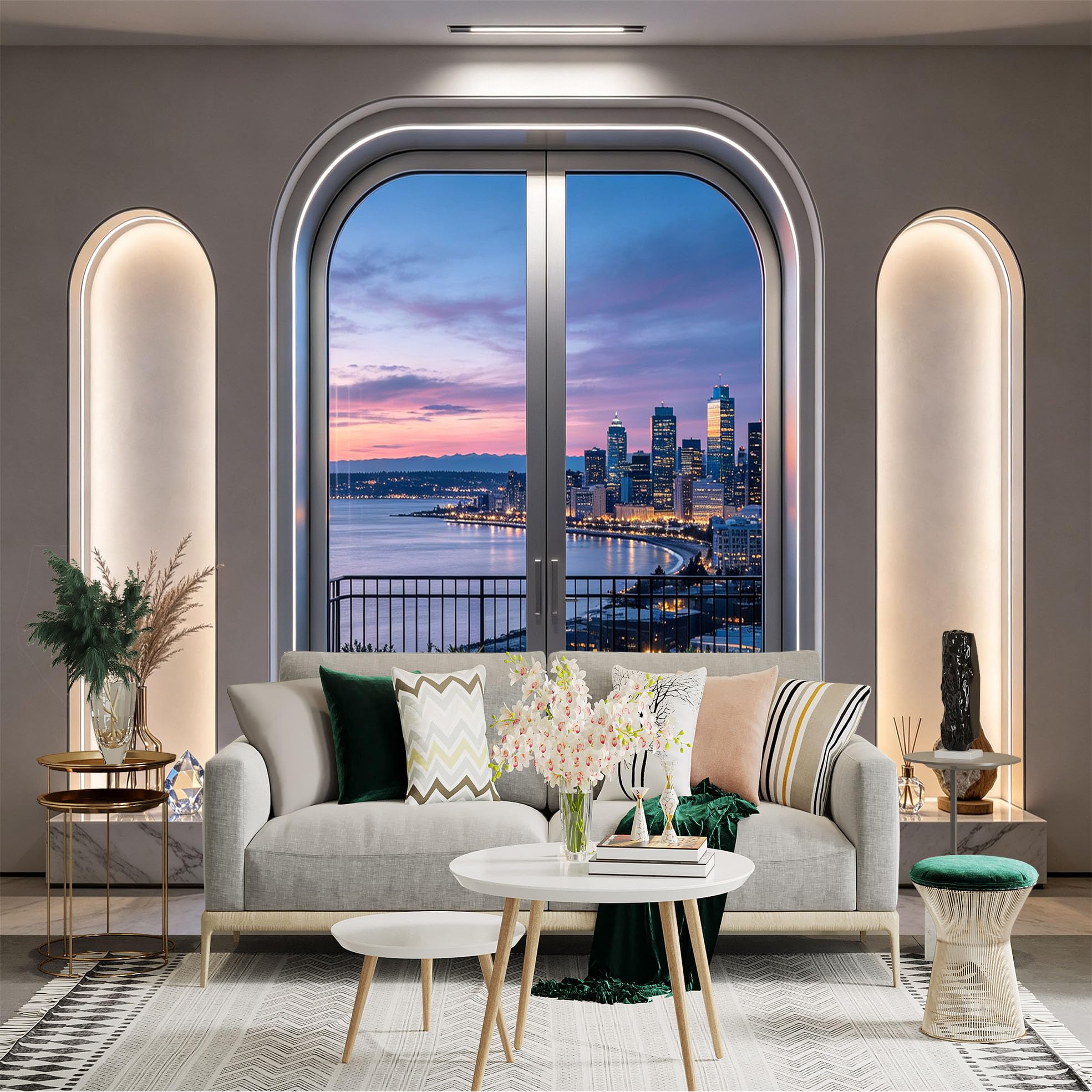 Custom Size Wall Sticker Mural， Coastal City Skyline at Sunset， Modern Balcony Sea View， for wall Decoration， peelandstick wall Decals.