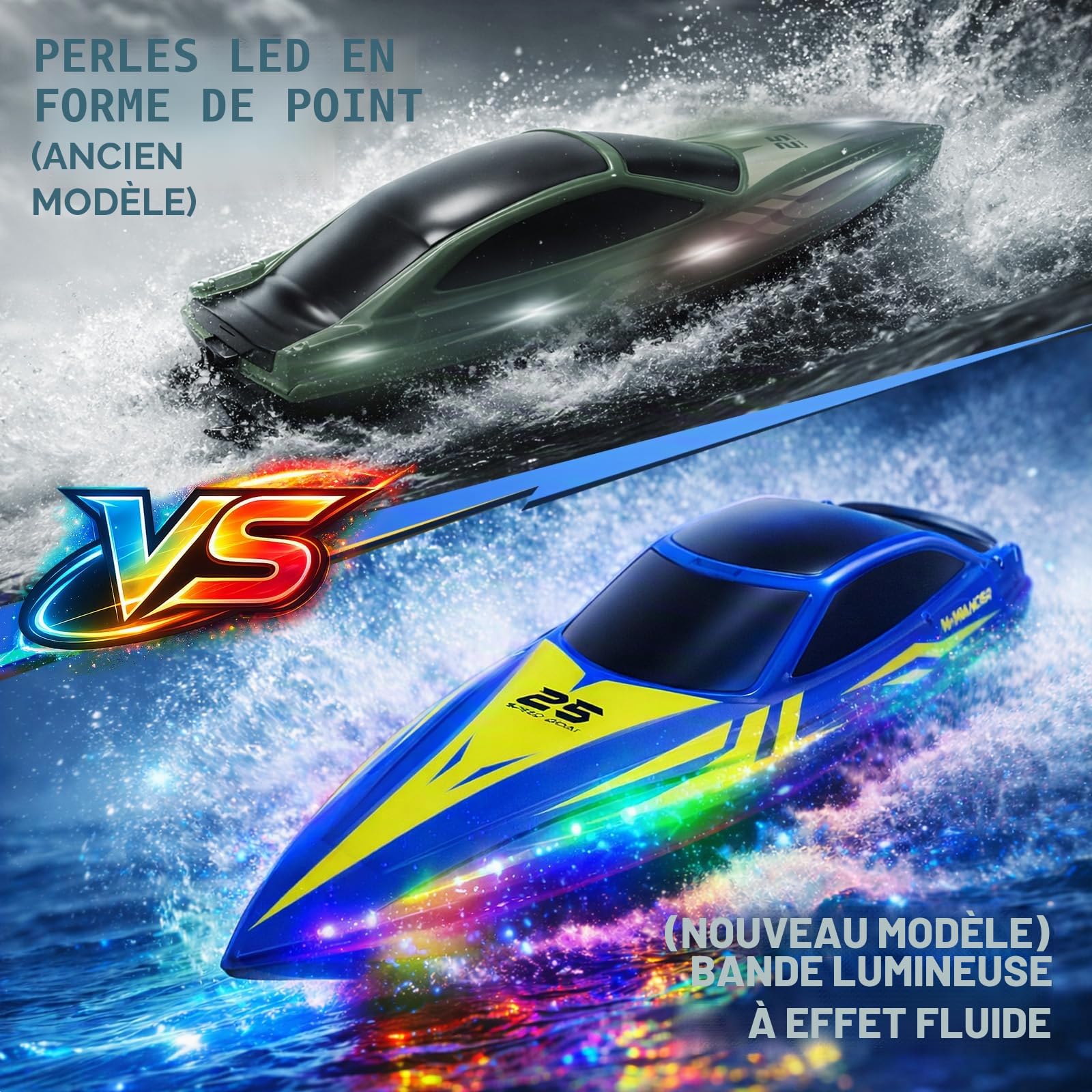 Bateau télécommandé RC avec LED 7 modes, vitesse 15km/h, télécommande 2.4GHz,alertes batterie faible et hors portée, 2 batteries, auto-redressement, cadeau garçons et filles, piscine et lac.—bleu