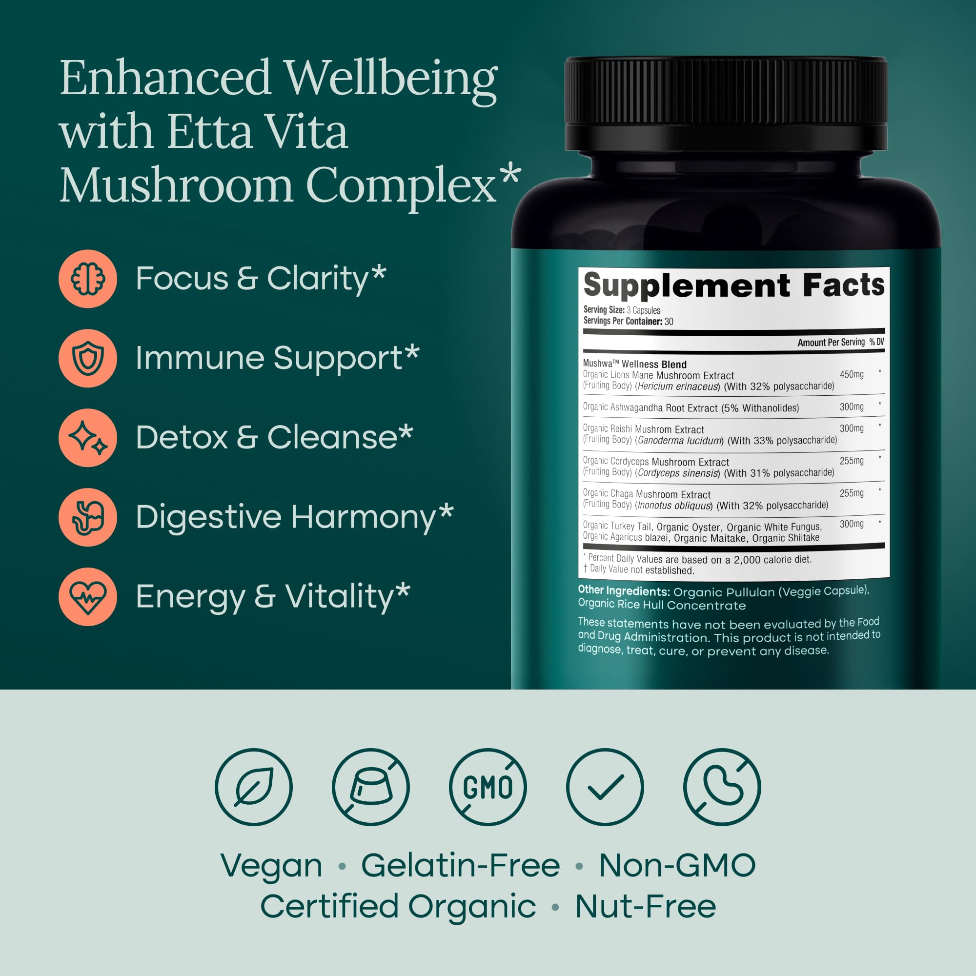 USDA Organic Lions Mane Supplement Capsule, 11-in1 Mushroom Complex 90ct — Amazon image 5