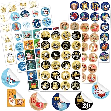 HOWAF 288pcs Christmas Advent Calendar Numbers Stickers for Xmas Countdown Calendar DIY Gifts Craft, Xmas Countdown Sticker, 1-24 Xmas DIY Christmas Gift Boxes Bags Decor