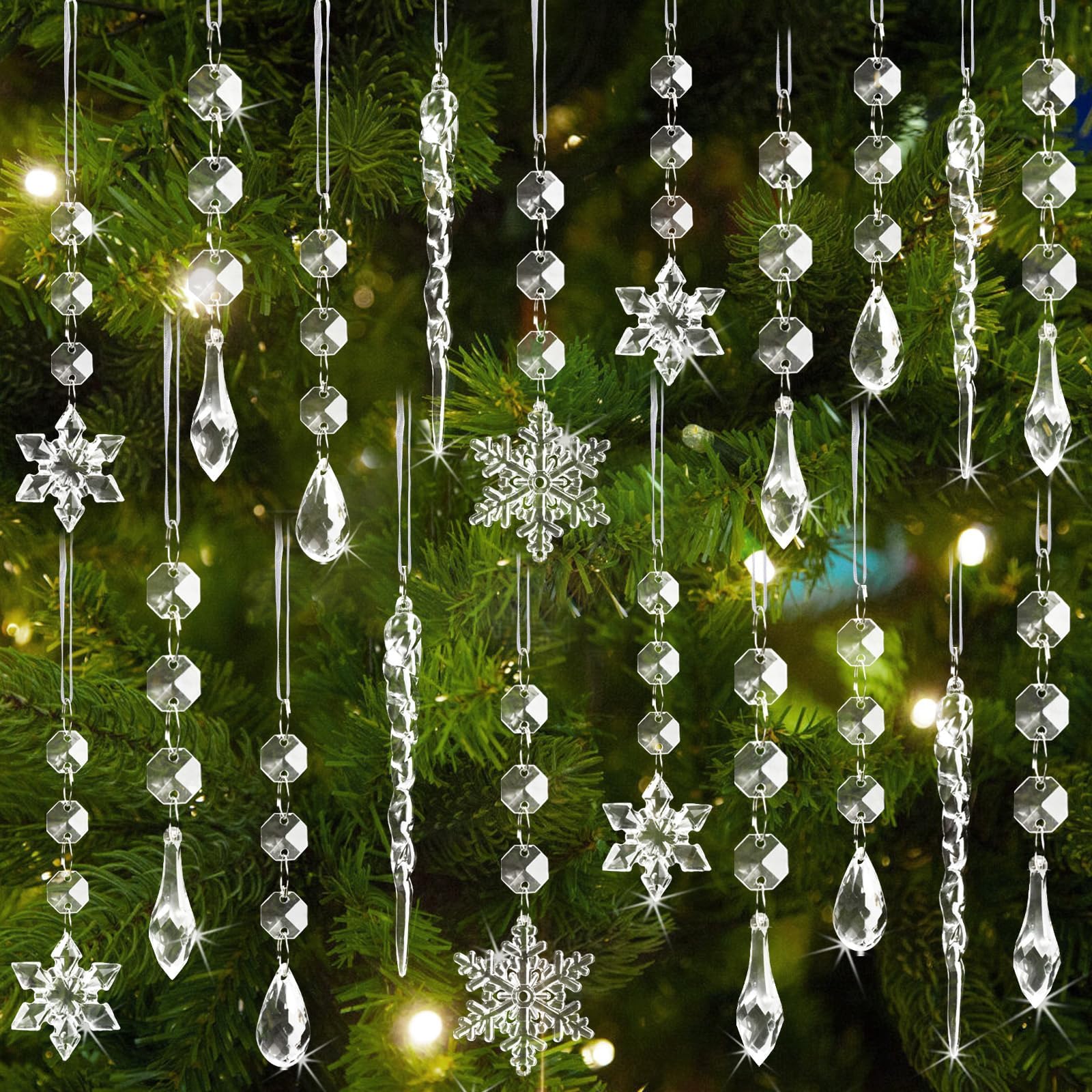 18pcs Christmas Tree Decoration Crystal Ornaments - Hanging Acrylic Christmas Snowflake Icicle Drop Crystal Ornaments for Xmas Tree Winter New Year Party Supplies