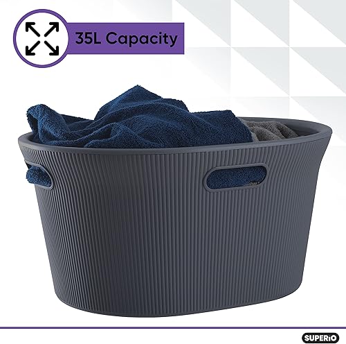 Miniatura 3 de Superio Ribbed Collection - Cesta decorativa de plástico para lavandería con asas recortadas, gris (paquete de 1) para dormitorio, baño, dormitorio