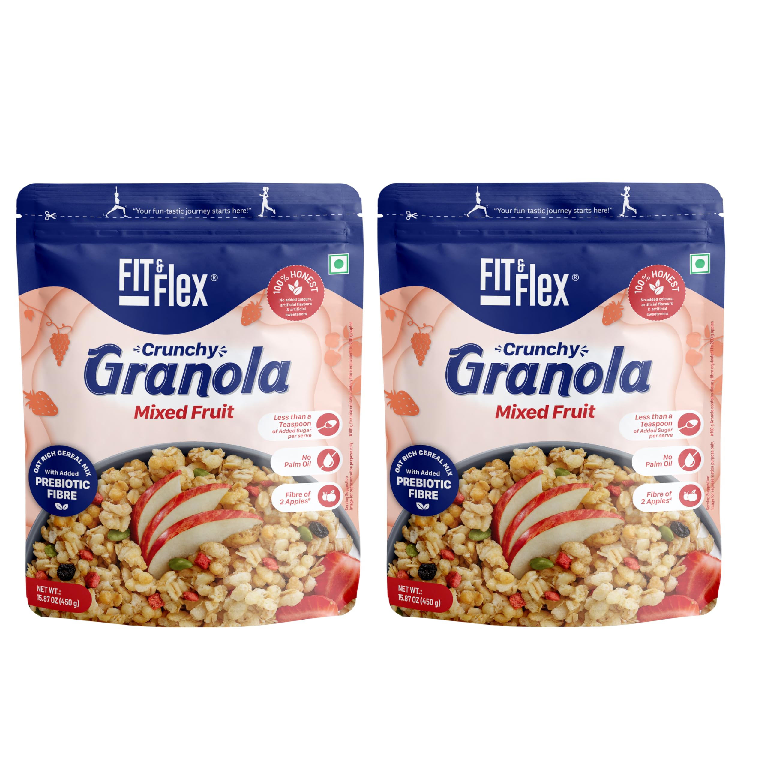 Fit & Flex Baked Crunchy Granola Mixed Fruit Oat Rich Cereal With High Protein & Fibre Ready To Eat Granola For Breakfast Real Freeze Dried Fruits Snacks As Seen On Shark Tank India 450 Gm (Pack of 2)