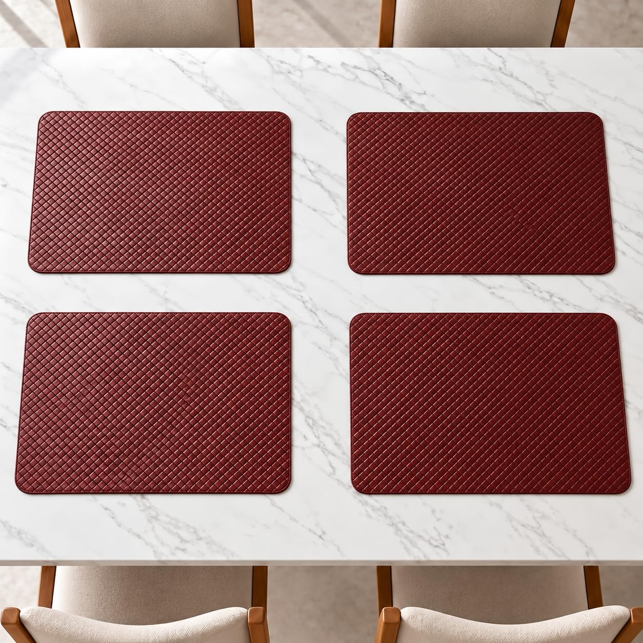 woven faux leather table mats set of 4 | heat resistant wipeable dining placemats | washable kitchen mat 43x30cm - red