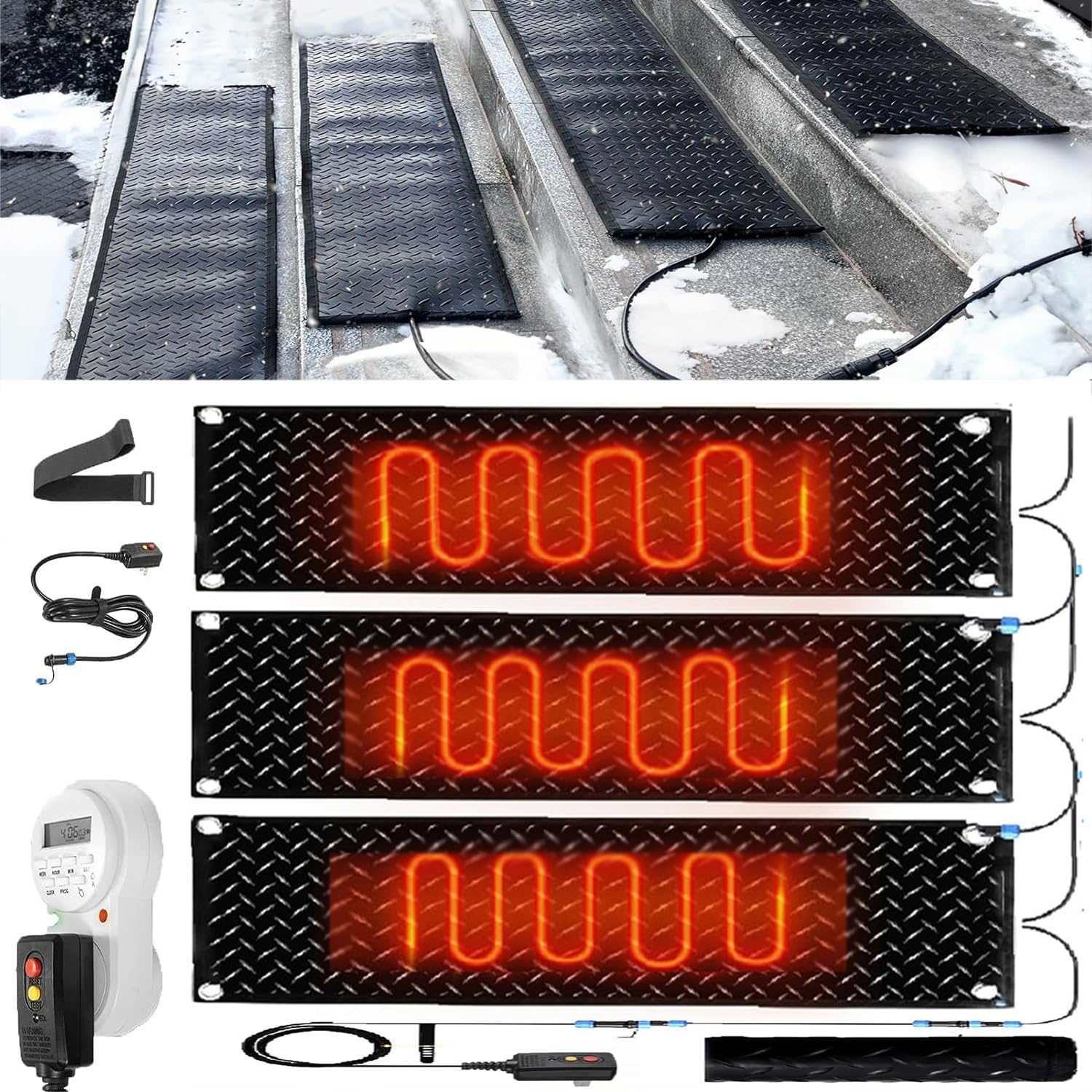 Tappetini riscaldati per sciogliere la neve con timer, 1/2/3/4/5 pezzi di tappetini in gomma antiscivolo per sciogliere neve e ghiaccio per scale all'aperto