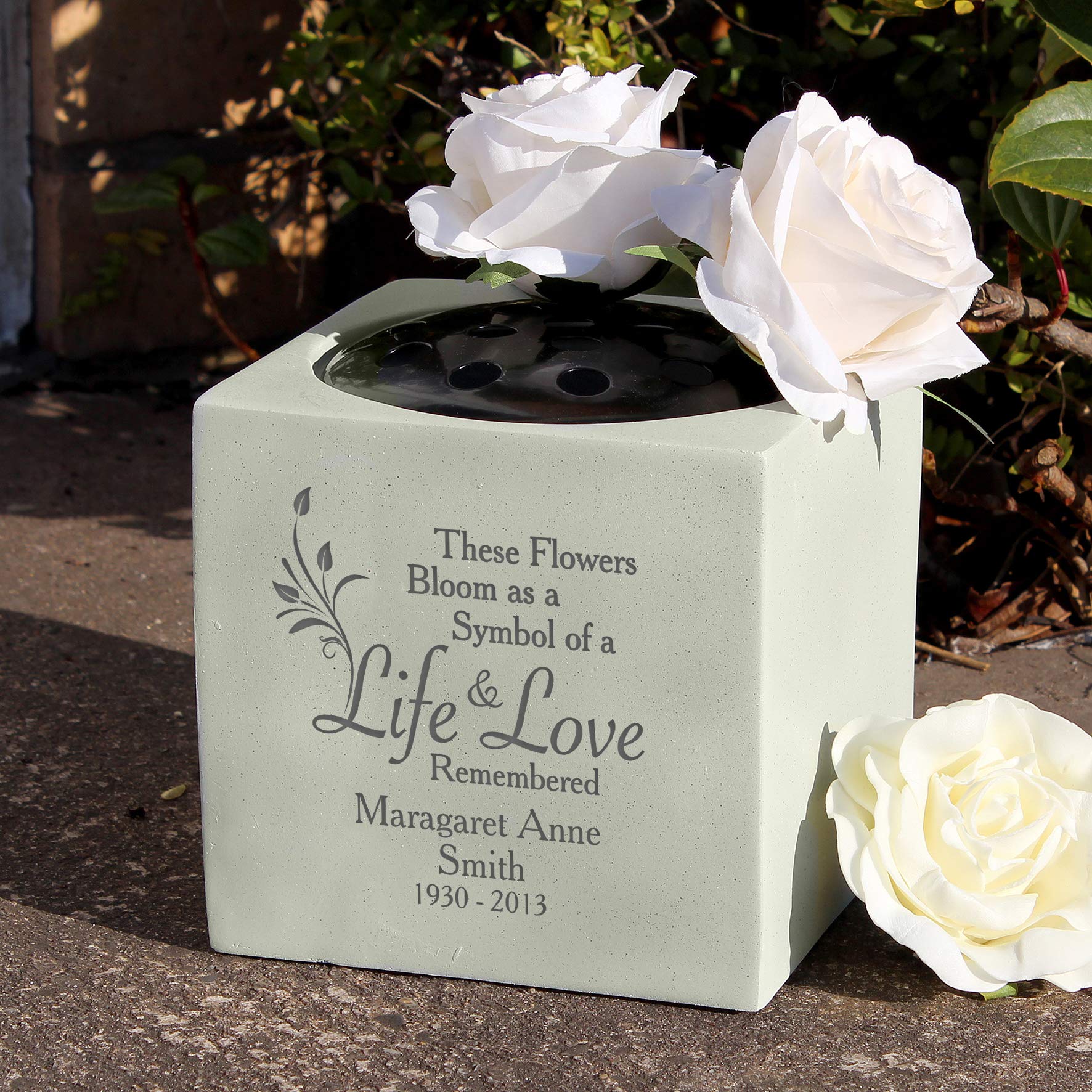 Personalised Memento Stone Effect Custom Personalised Life & Love Memory Memorial Graveside Flower Holder Vase Rose Bowl Engraved With Custom Message