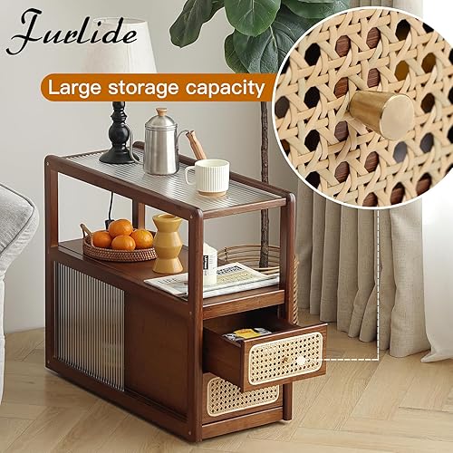 Miniatura 6 de Mesita de noche de ratán con almacenamiento, mesita de noche de bambú, mesas auxiliares modernas de cristal de mediados de siglo para espacios