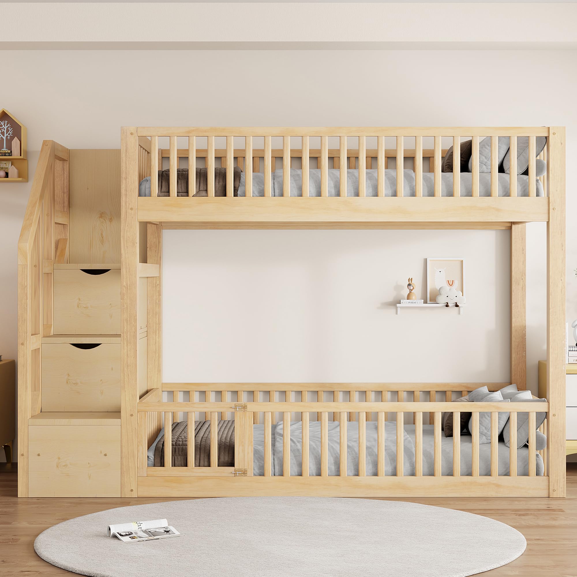 Merax Twin Over Twin Floor Bunk Bed with Storage Ladder and Guardrails, Wood Twin Bunk Bed for Kids Teens Adult, Natural