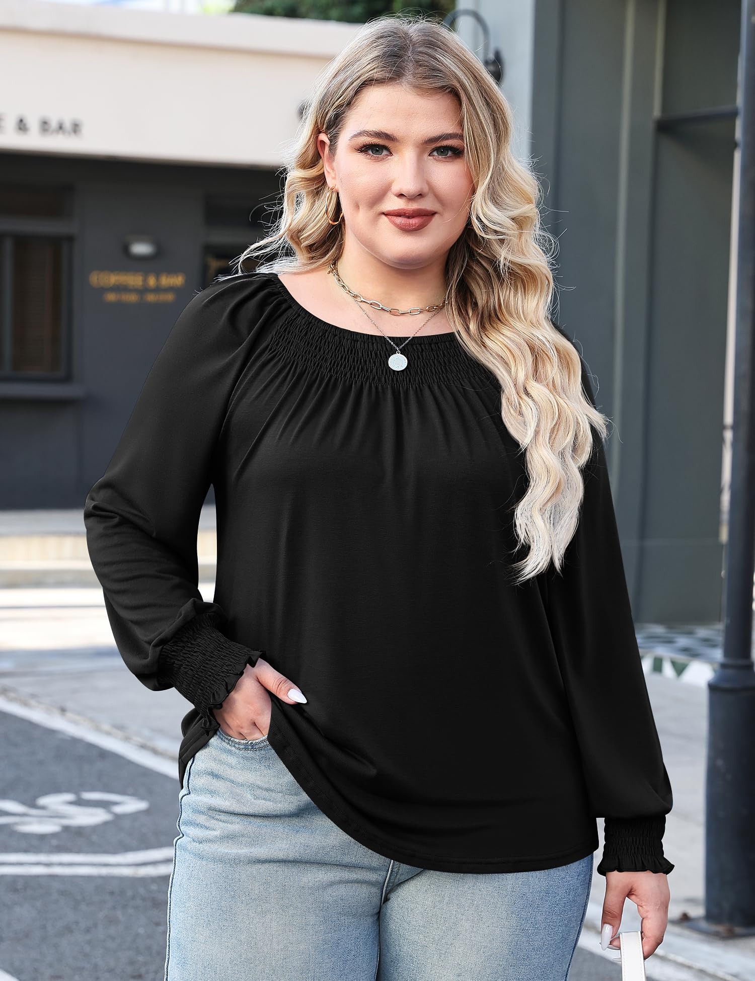Micoson Blusas plisadas de manga larga con cuello redondo para mujer, tallas grandes, elegantes, informales, a la moda (1X-5X)