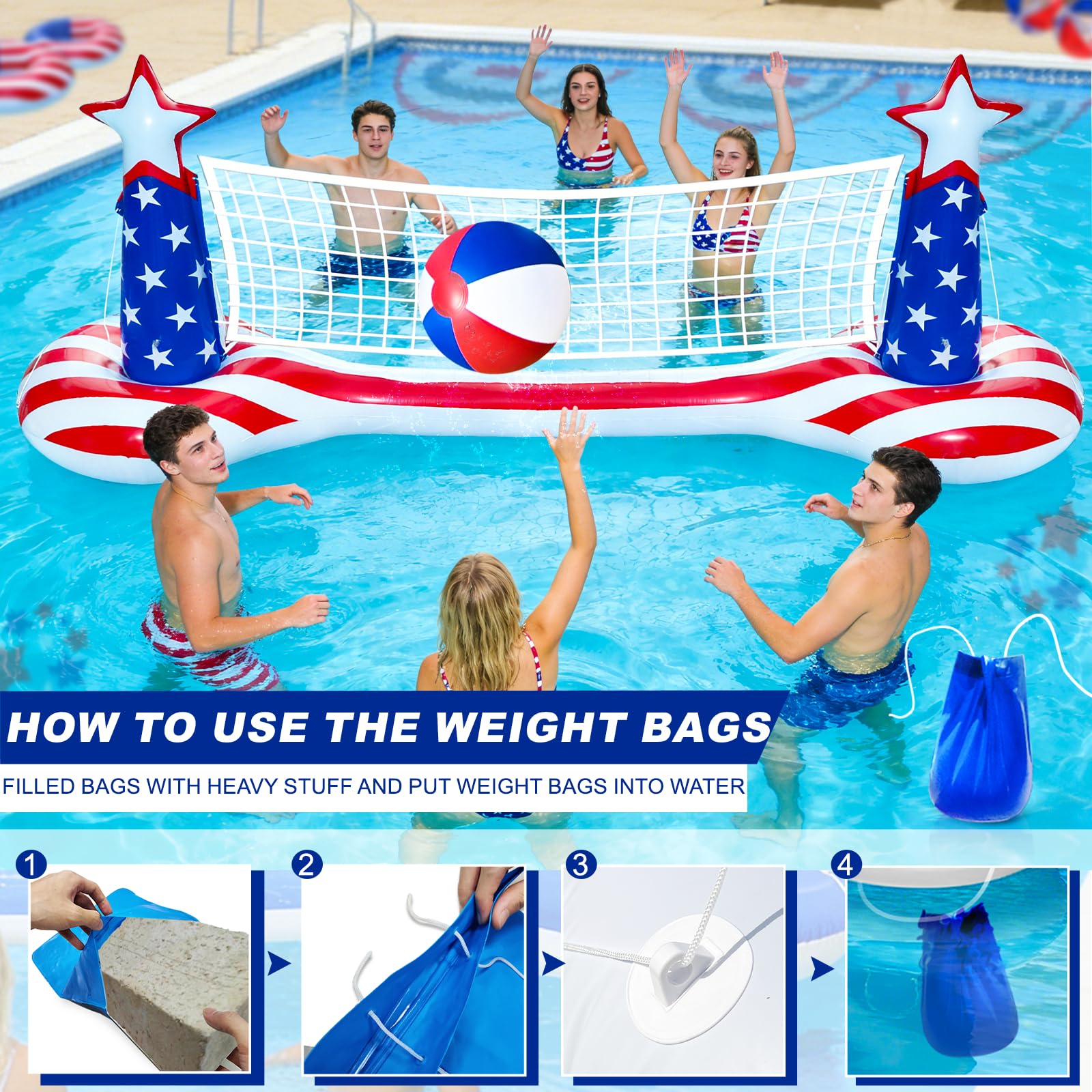 Grande galleggiante gonfiabile per piscina con pallone da spiaggia da 22,3 cm, 2 sacchi per pesi e bandiera americana, giocattolo galleggiante per adulti e bambini, perfetto per feste