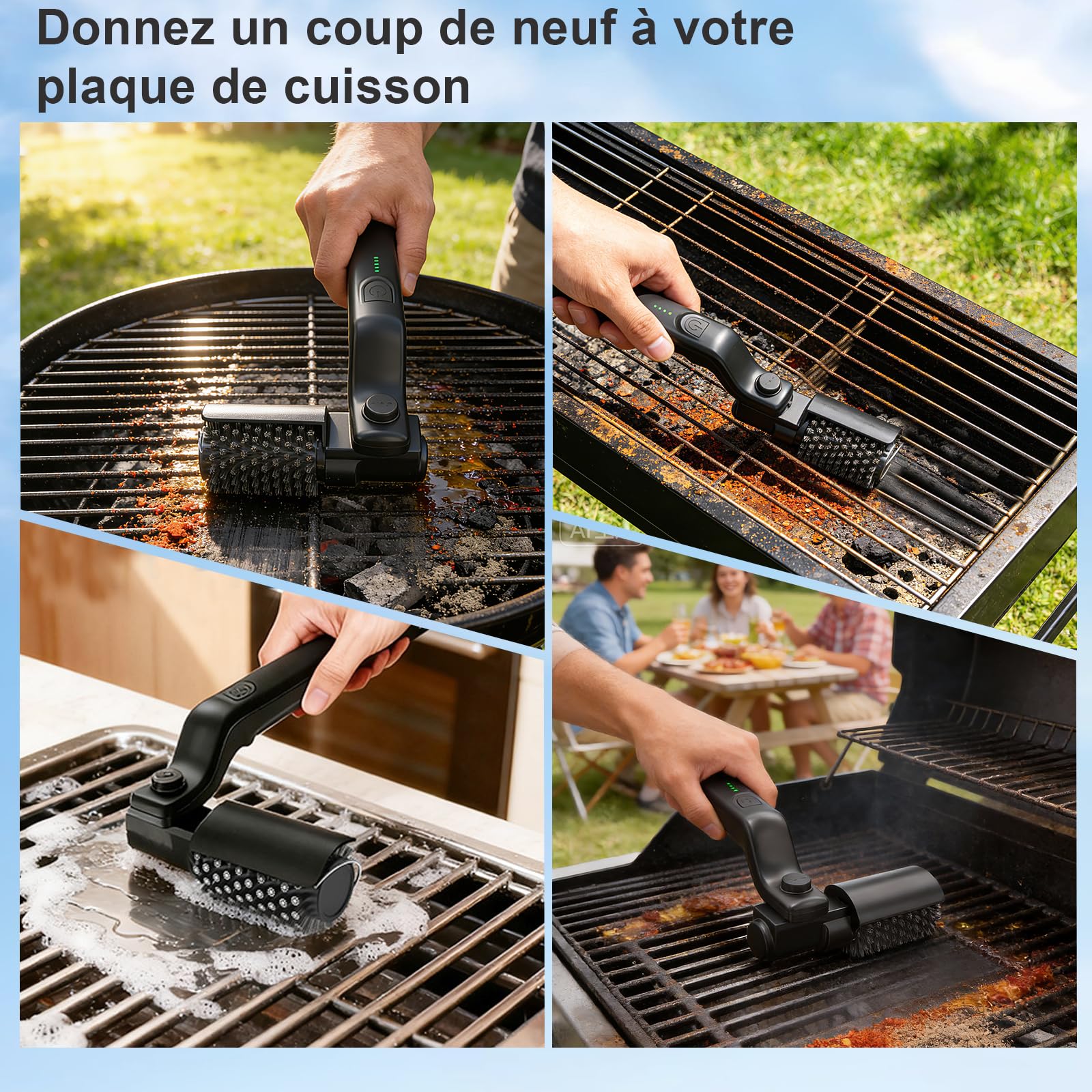 Brosse à Barbecue Électrique sans Fil, 3 Vitesses Réglables, Tête Rotative 180°, Batterie Longue Durée, Brosse en Acier Inoxydable pour Nettoyage Grill Barbecue