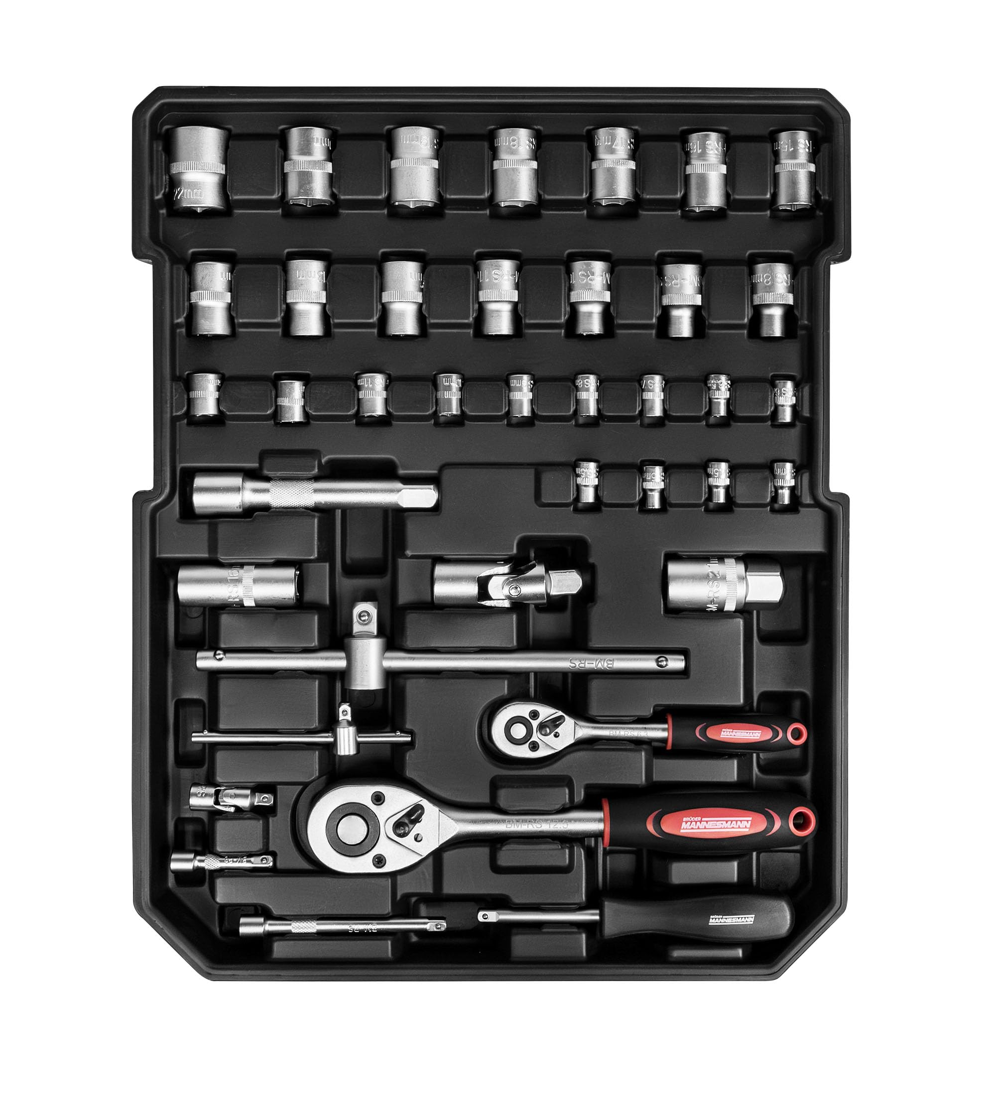 Brüder Mannesmann M29098 - Valigetta degli attrezzi portatile con set di chiavi a bussola, pinze, cacciaviti, pistola per colla a caldo, martello, livella e punte
