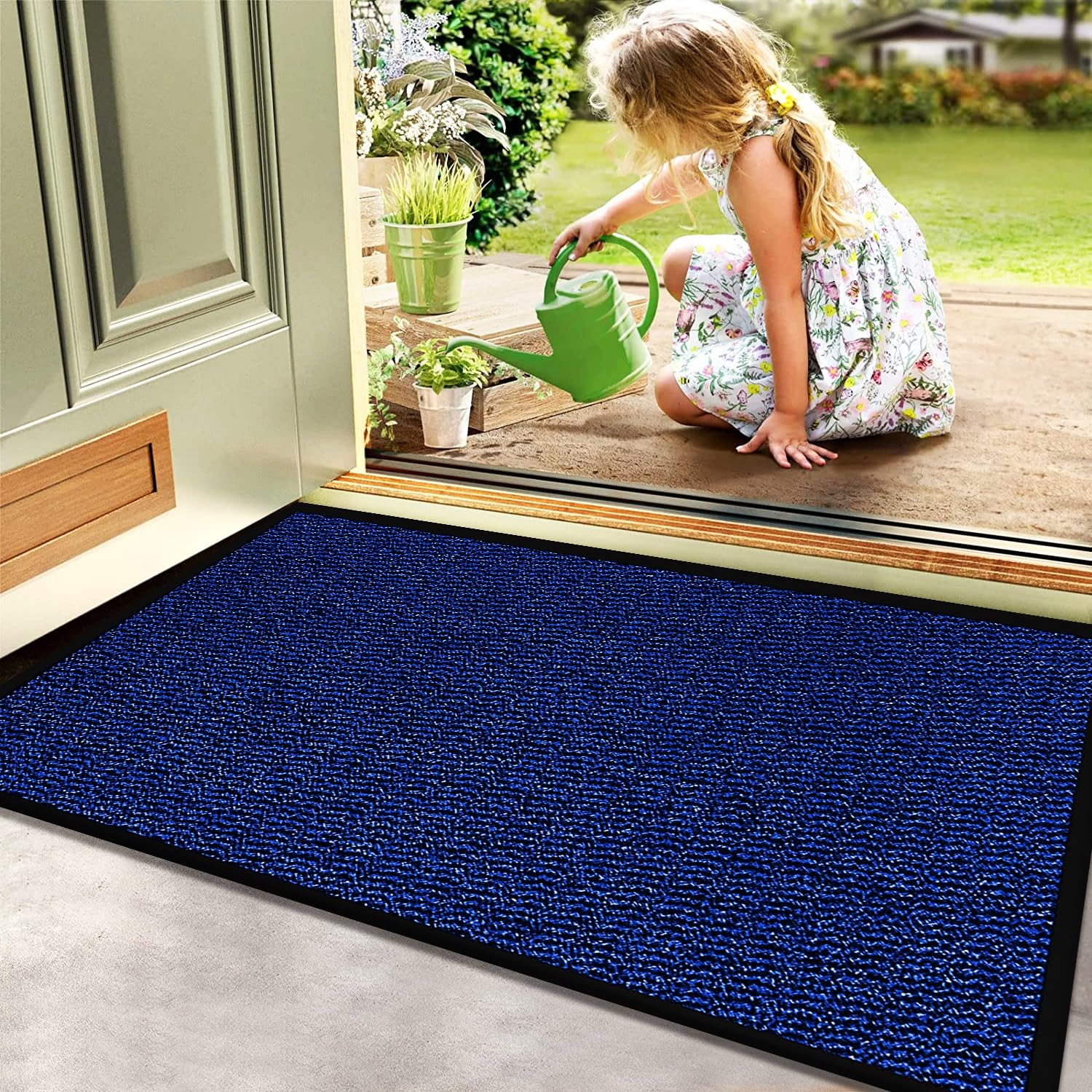 B&B Heavy Duty Rubber Door Mat Indoor & Outdoor Non Slip Small Large Rubber Backing Mats - Washable Kitchen Doormat Runner Rug for front Door Dirt Trapper (40 x 60 cm, Blue)