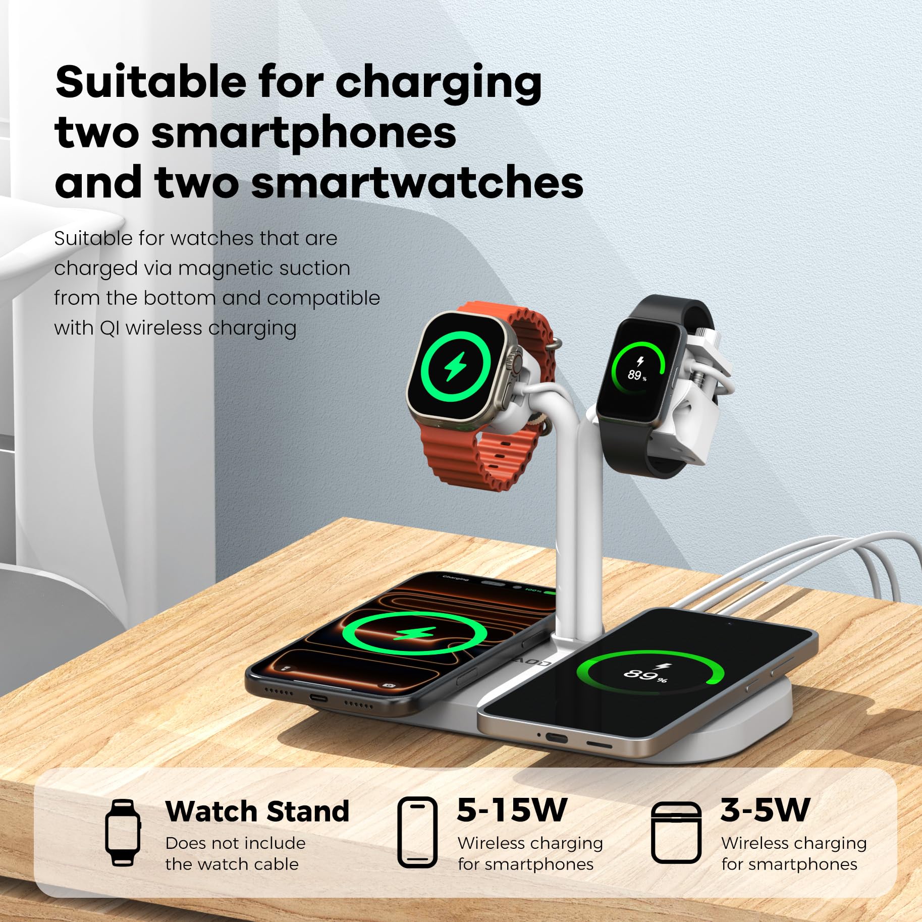 Stazione di ricarica 4 in 1, caricabatterie wireless per doppio telefono e supporto per smartwatch/cinturino, compatibile con iPhone, Samsung e Google, per AirPods, Galaxy Fit, Xiaomi, Amazfit