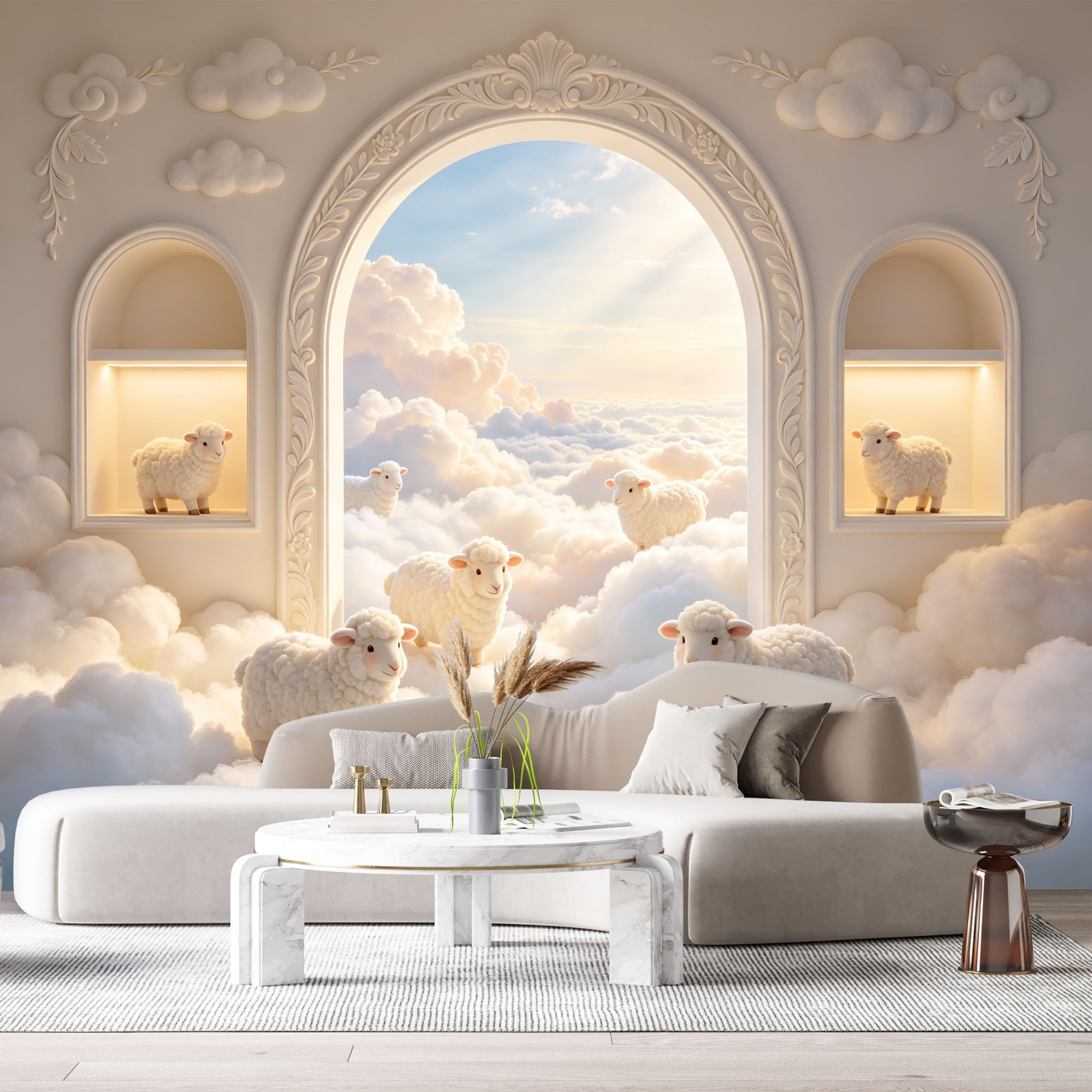 Custom Size Wall Murals Cloud Sheep Archway Neoclassical 3D Trompe L'Oeil SelfAdhesiveWall Fabric Removable Wallpaper Wall Decor for Living Room Bedroom Bathroom