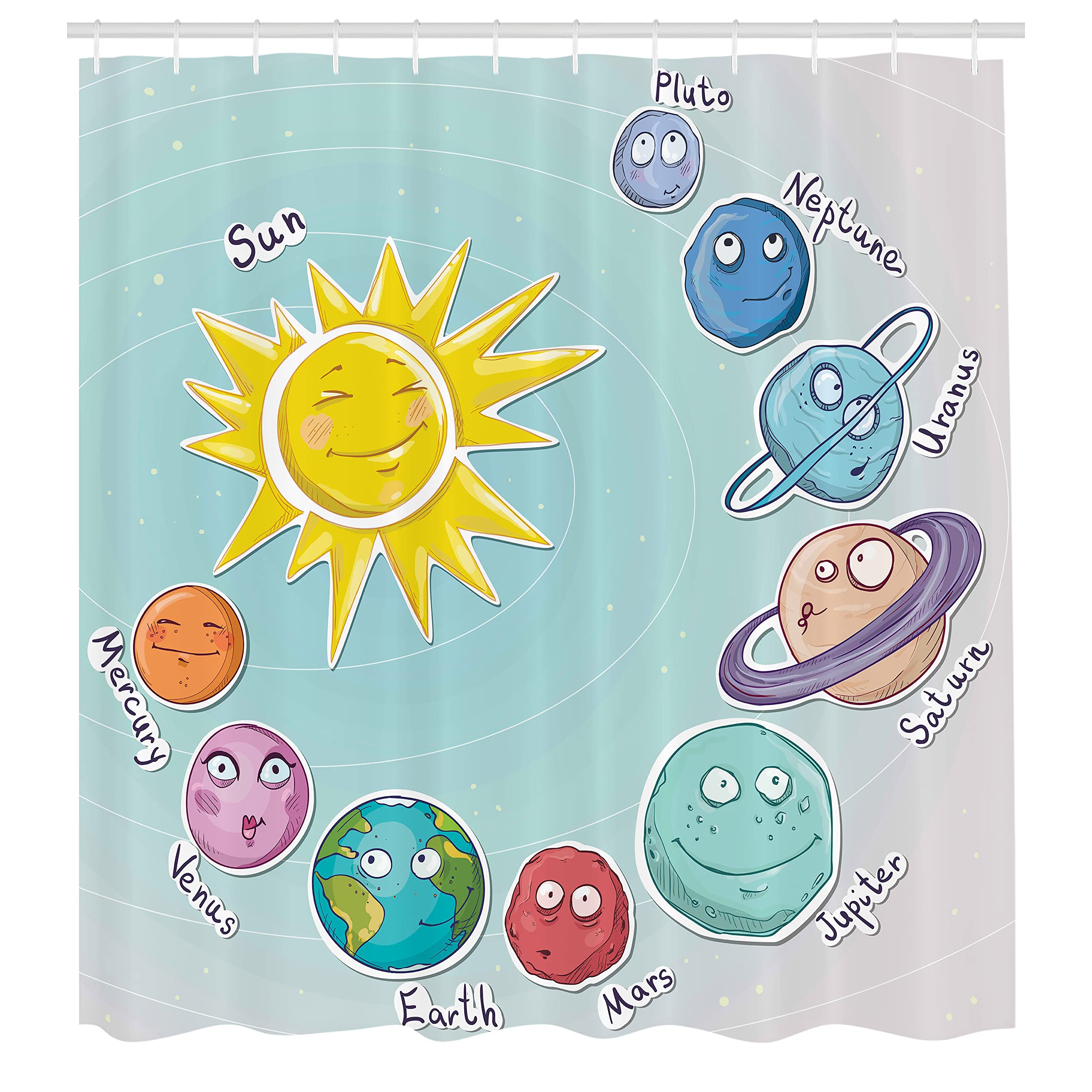 Ambesonne Space Shower Curtain, Cartoon Sun Planets of Solar System Fun Celestial Chart Theme, Cloth Fabric Bathroom Decor Set with Hooks, 69