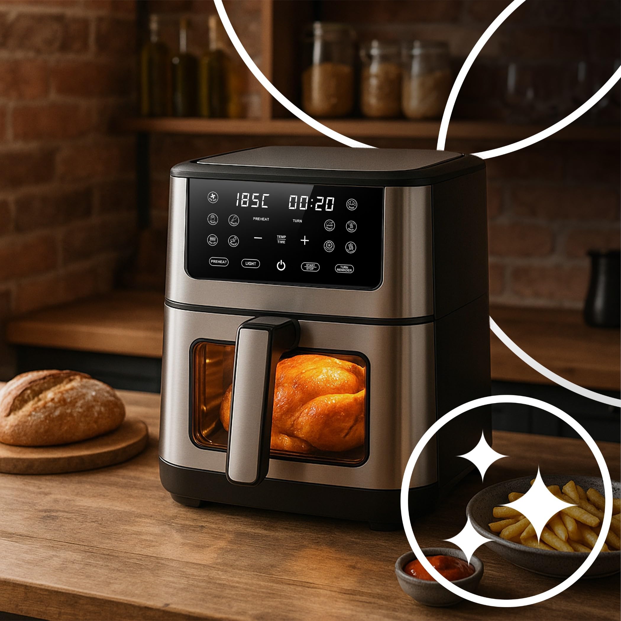 Retoo Heißluftfritteuse 8L XXL Airfryer 1800W, 14 Programme Bis Max 200 °C, Fritteuse Ohne Öl Mit Sichtfenster Und Touchscreen, Keramikbeschichtung Für Gleichmäßiges Garen, Gesundes Kochen Grillen
