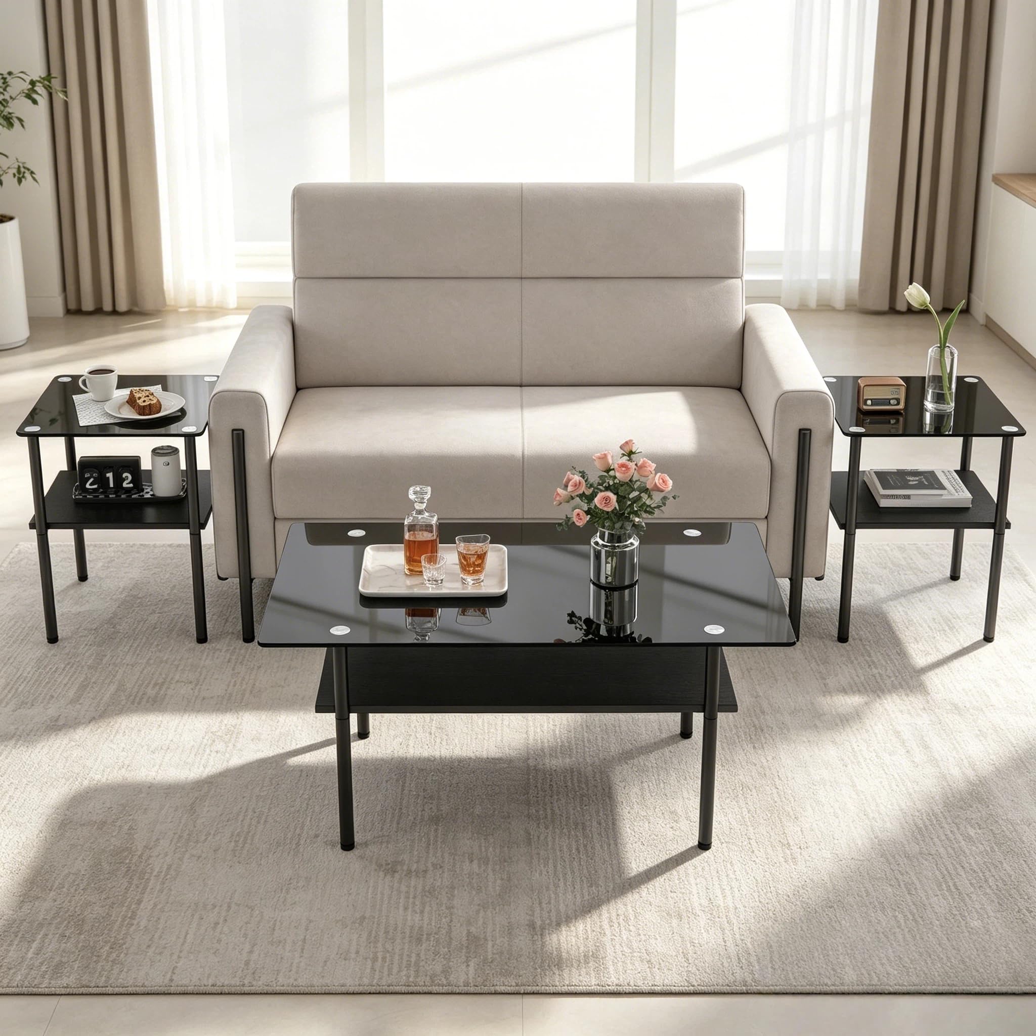 Black Glass Coffee Table Set of 3, Small Coffee Table &amp; 2pcs Square End Table w/Reinforced Frame &amp; Tempered Glass Surface,3 Piece Living Room Table Set for Apartment,Small Space