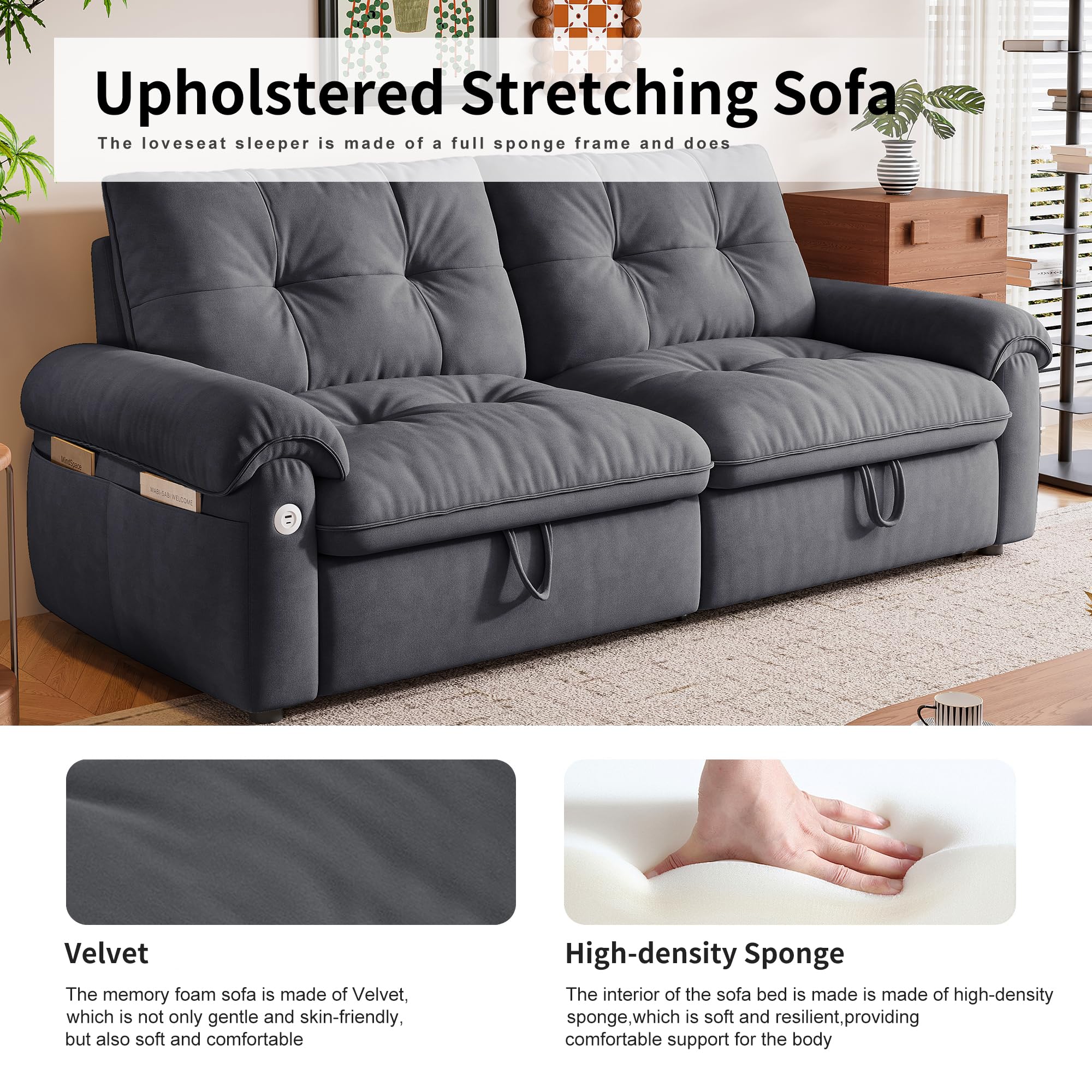 77" Queen Size Sofa Bed, 3-in-1 Convertible Sleeper Sofa Bed with Adjustable Backrest, Modern Velvet Couch with Side Pocket and USB Ports, for Living Rooms, Bedrooms, Small Spaces (Grey, 77.2inch)