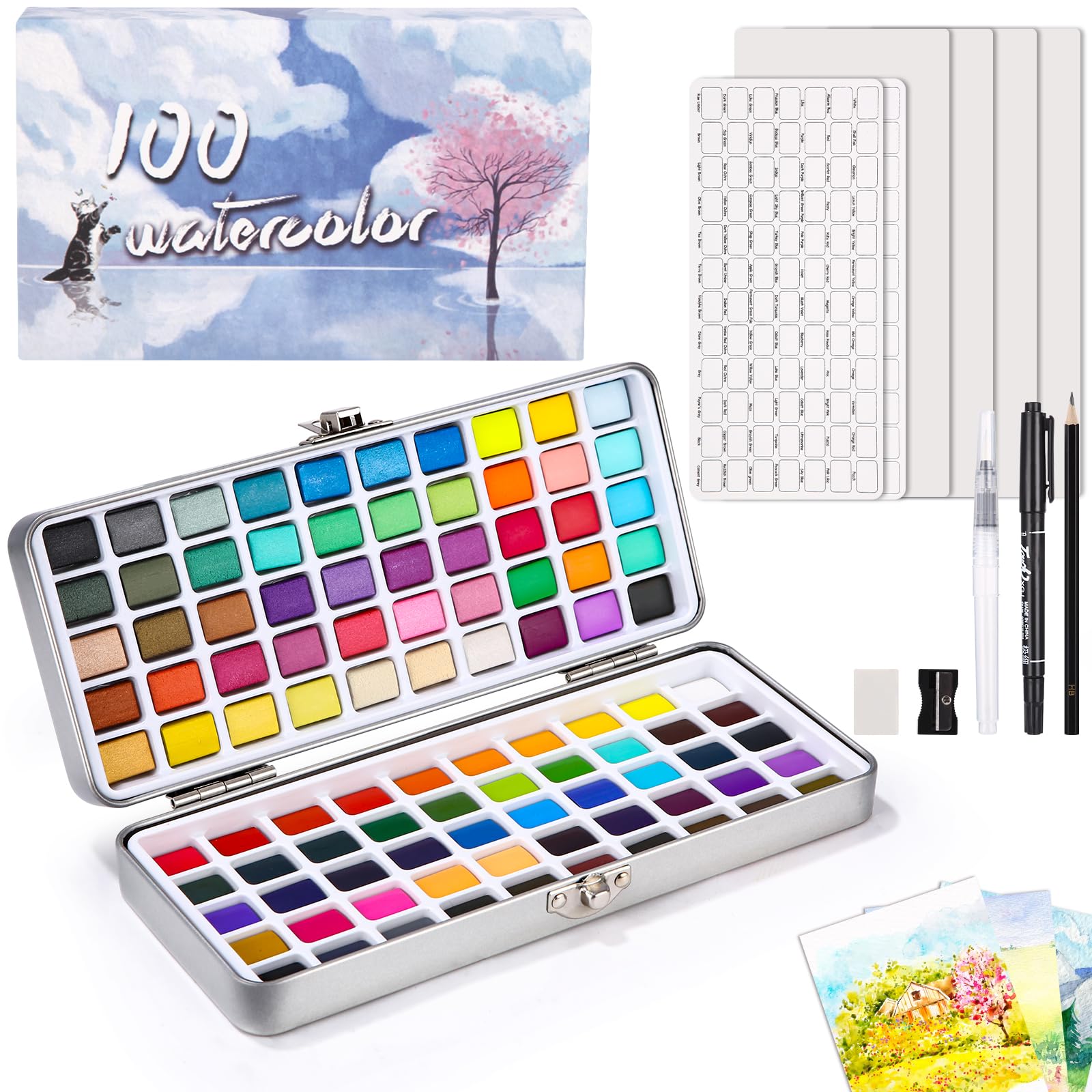 Azyvum Watercolour Paint Set 100 Colours in Portable Box, with Brush and Watercolour Paper, Watercolour for Travel, Watercolours for Artists, Hobby Painters and Painting Lovers