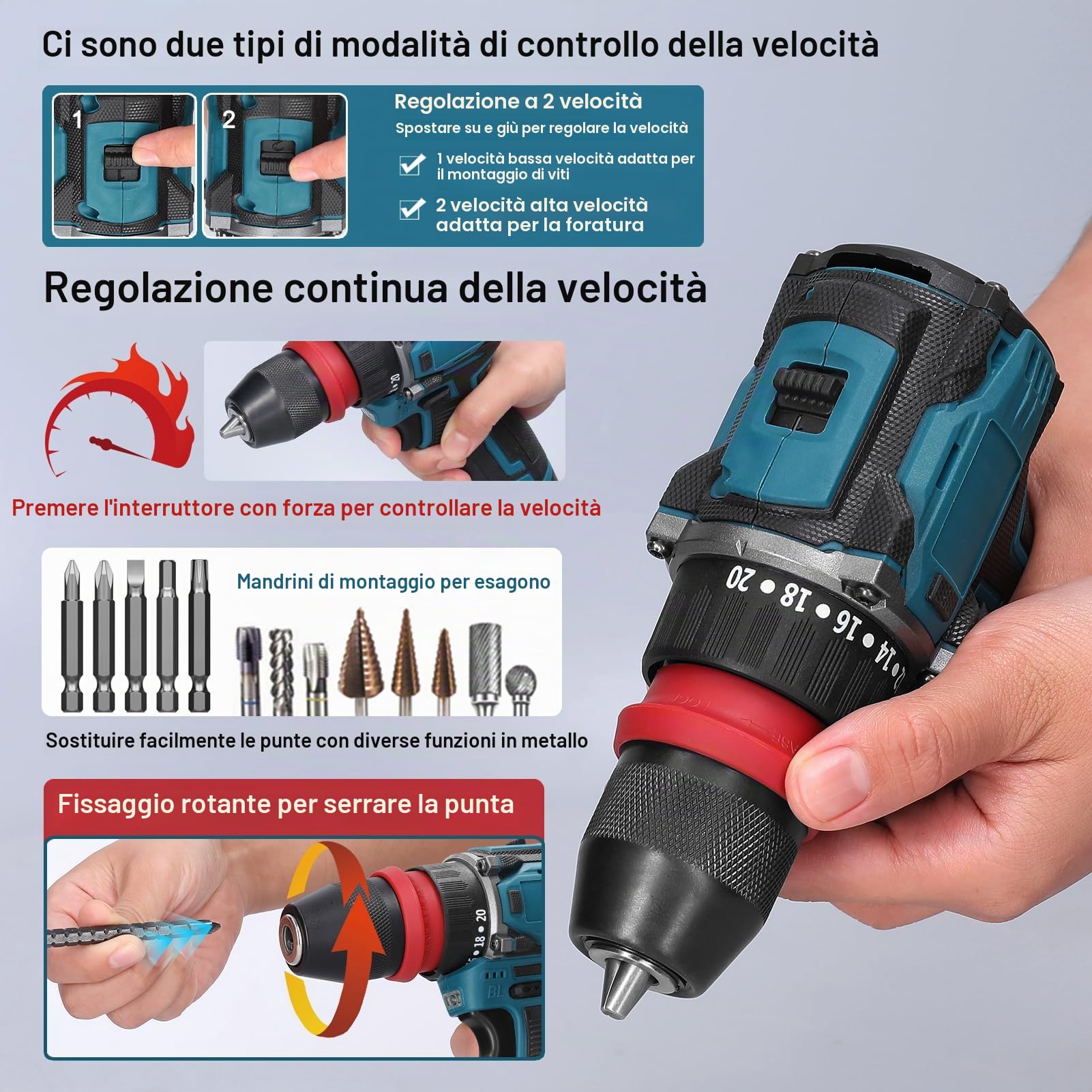 Weytoll Trapano Avvitatore Batteria 18V, 2 Batterie 1300mAh, Max 45Nm, 23+1 Impostazione Coppia, 2 Velocità, LED Luce per Riparazione, Fai da te