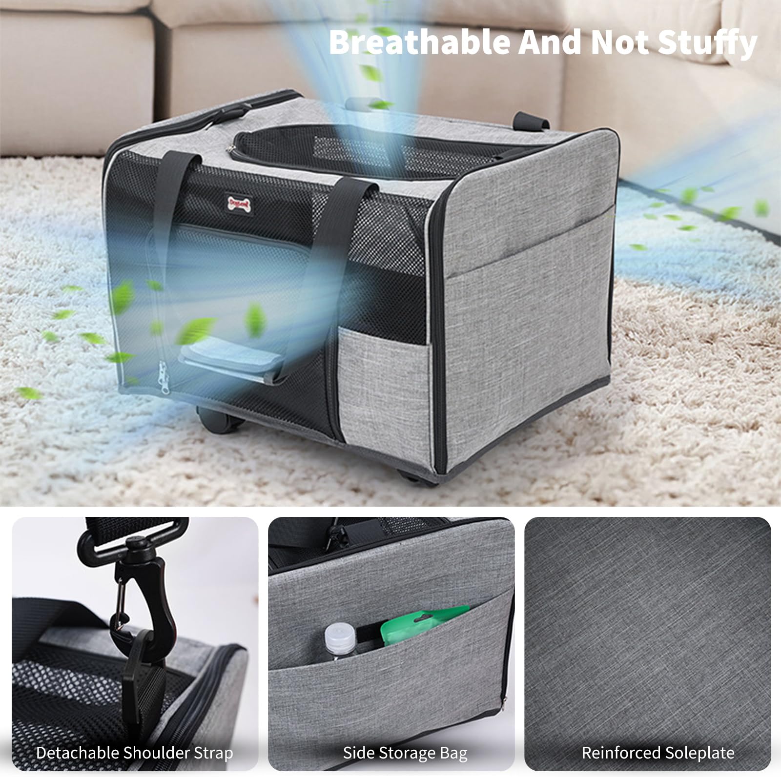 PETCUTE Transportín Perro Gato con Ruedas,Transportín Plegable para Perros con Alfombrilla Extraíble,Correa de Hombro Ajustable,Transpirable Bolsa de Transporte para Mascotas con Bolsillos Laterales