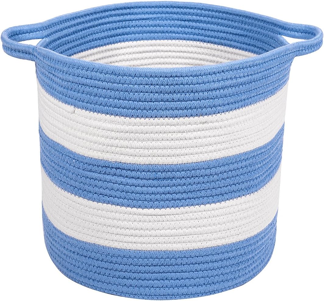 Cotton Rope Storage Basket with Handles - Woven Baskets for Kids' Toys - Laundry Baskets Nursery Hamper - 13" x 15" (White & Baby Blue)